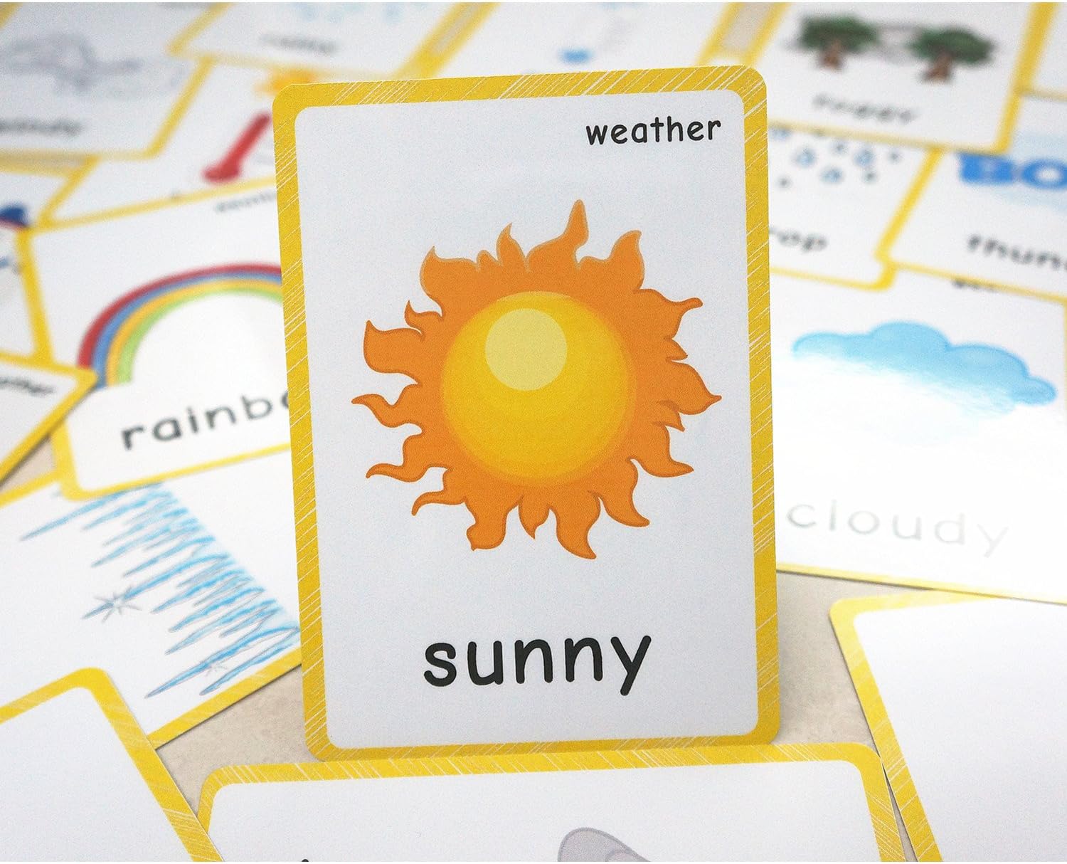 22 Weather Flash Cards(pre k flashcards) - Classroom Decorations and Early Learning Kindergarten Teacher Tools - Flash Cards Hole Punched - with 1 Ring -So You Can Sort and Organize The Cards Easily
