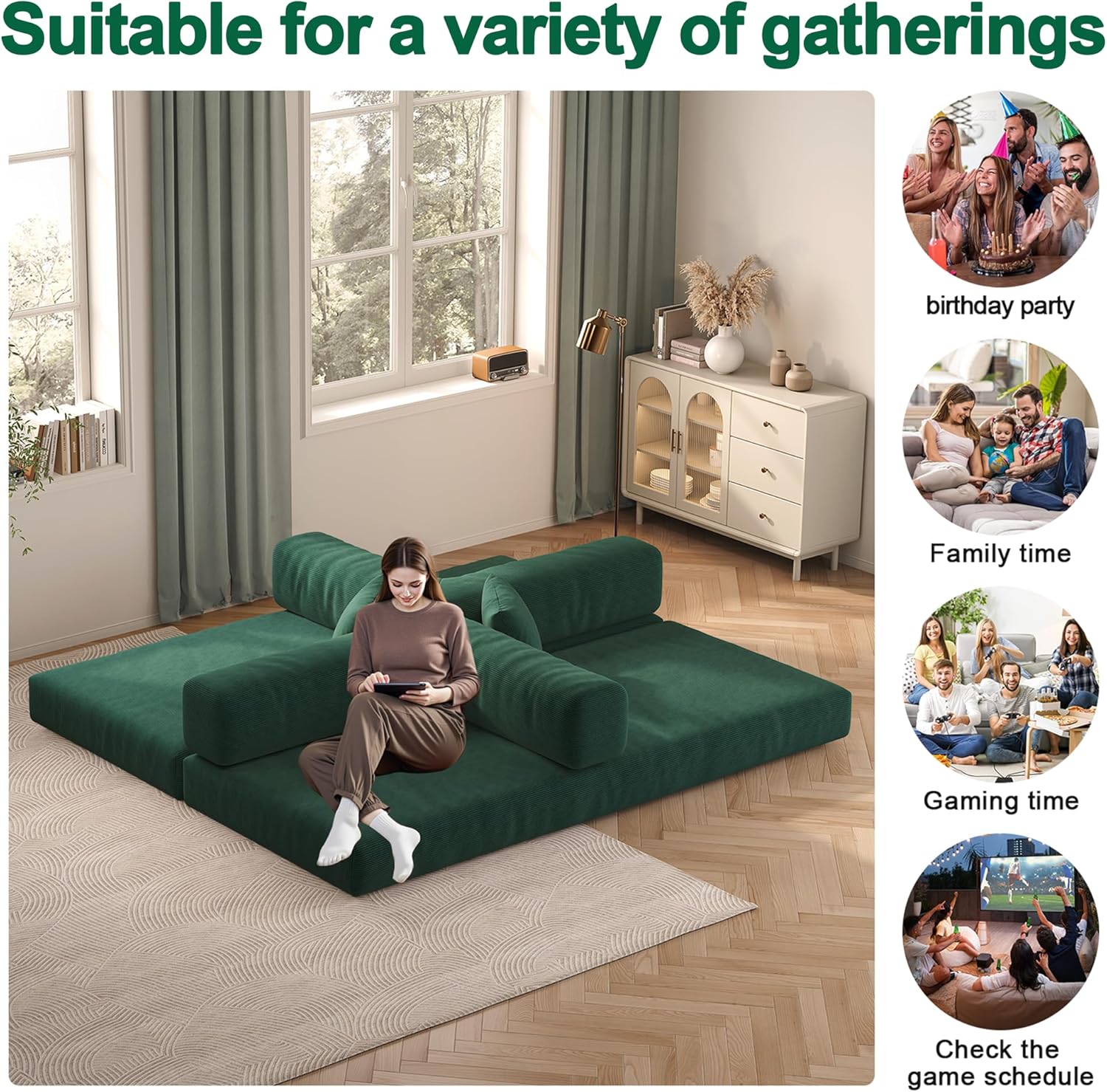 79" Convertible Sofa Bed with Pillows, Corduroy Folding Sleeper Sofa with Fixed-Shape Frame, Boneless Couch for Living Room Bedroom, Floor Sofa Lounge No Assembly Required (Green) A - Style - Green