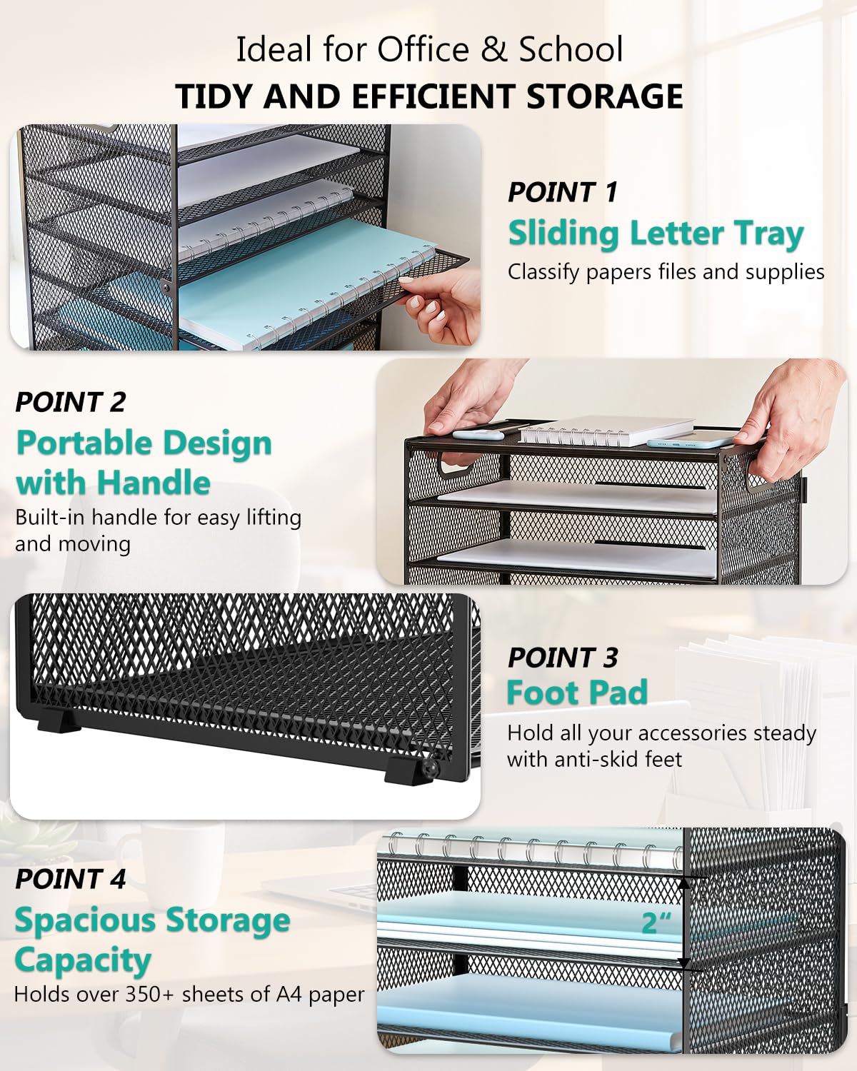 WALI Desk File Organizer, 9 Tier Desktop Paper Letter Tray Organizer with Handle, Office Desk Accessories & Workspace Organizers for Office, Home, School Supplies, 1 Pack, Black view 4