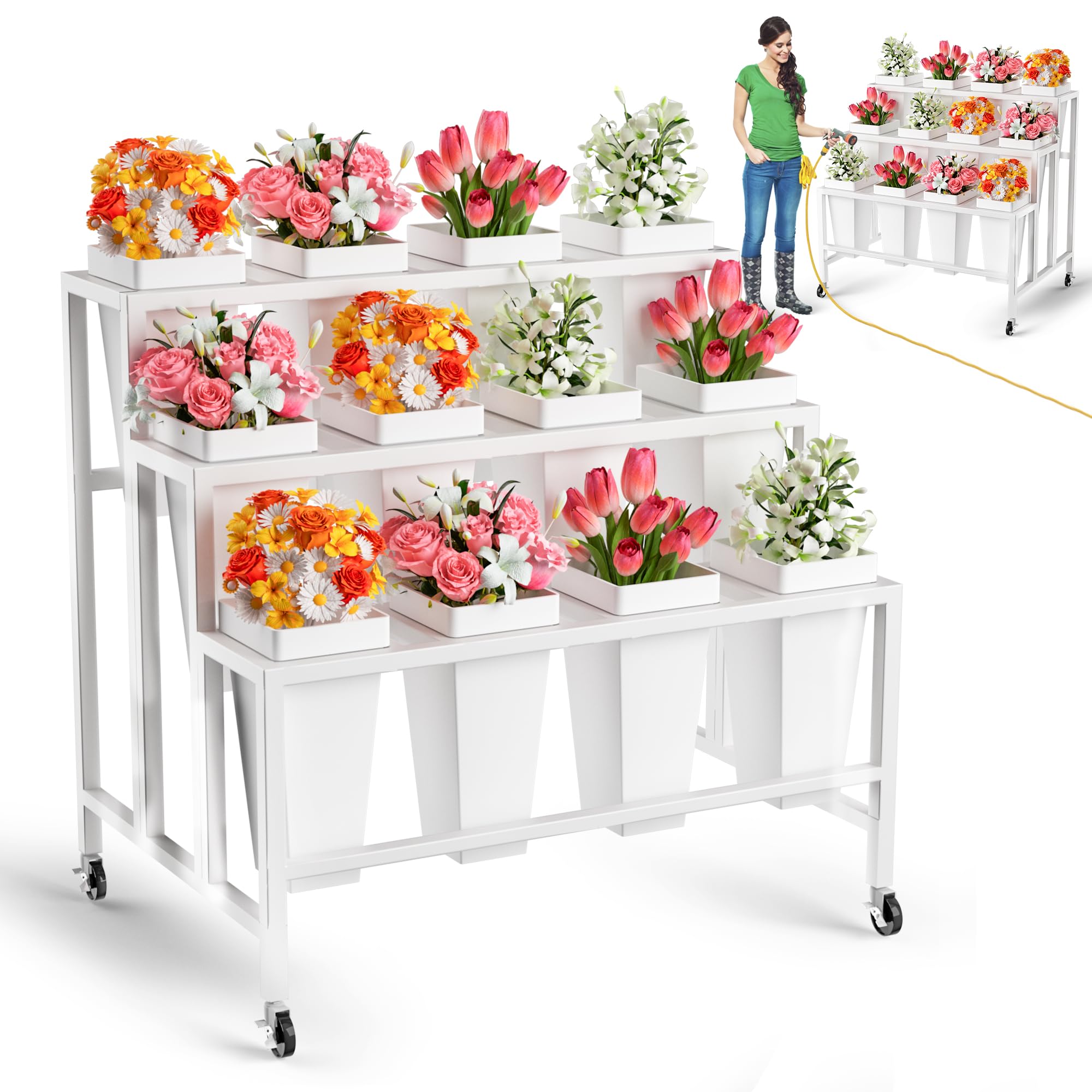 Photo 1 of ***HAS RUSTED PIECES /ALSO DIRTY*** Jdooqee 3-Tier Flower Display Stand with 12 Plastic Buckets - Modern Flower Cart for Florist Shop/Wedding/Home, Flower Bar with Lockable Wheels, Easy to Install