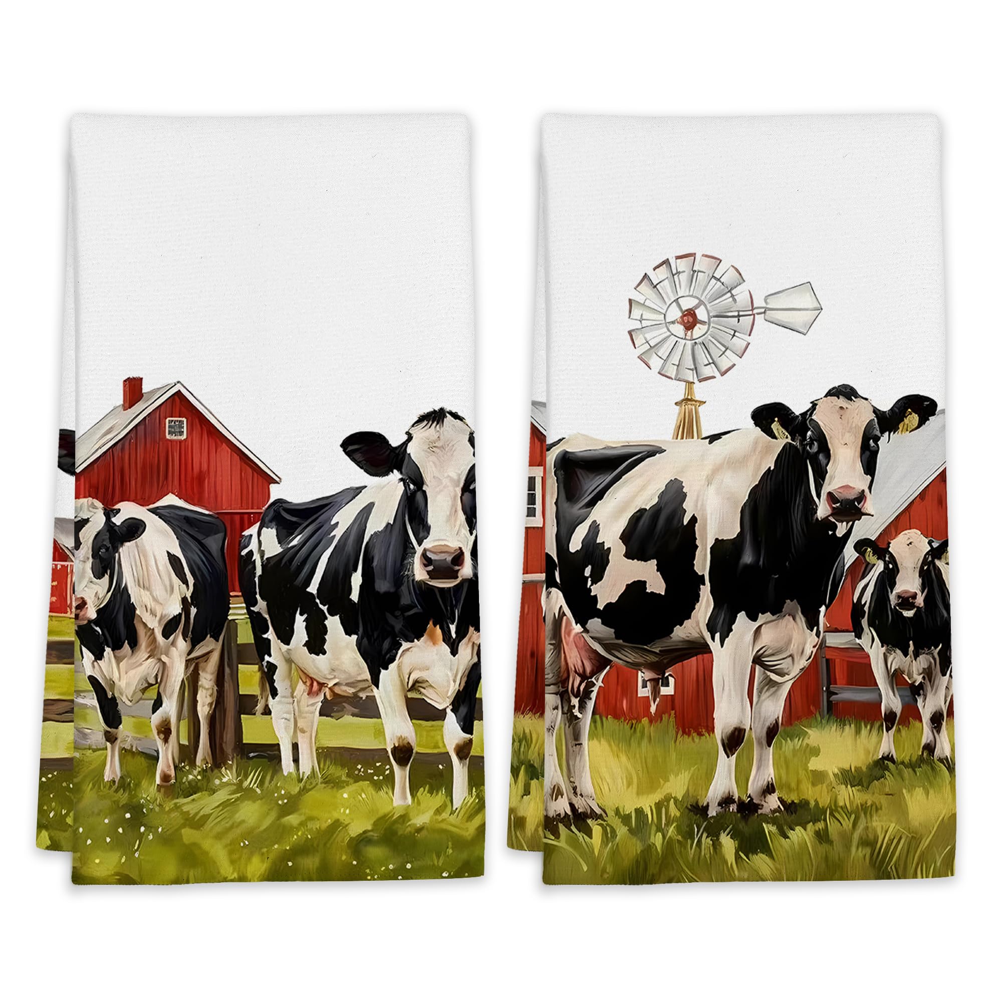 LUOENY Farmhouse Cow Tea Towels for Drying Dishes, Absorbent Decorative Kitchen Towel, Cleaning Cloth for Kitchen Baking Bar Bathroom Decoration (45x60 cm Set of 2)