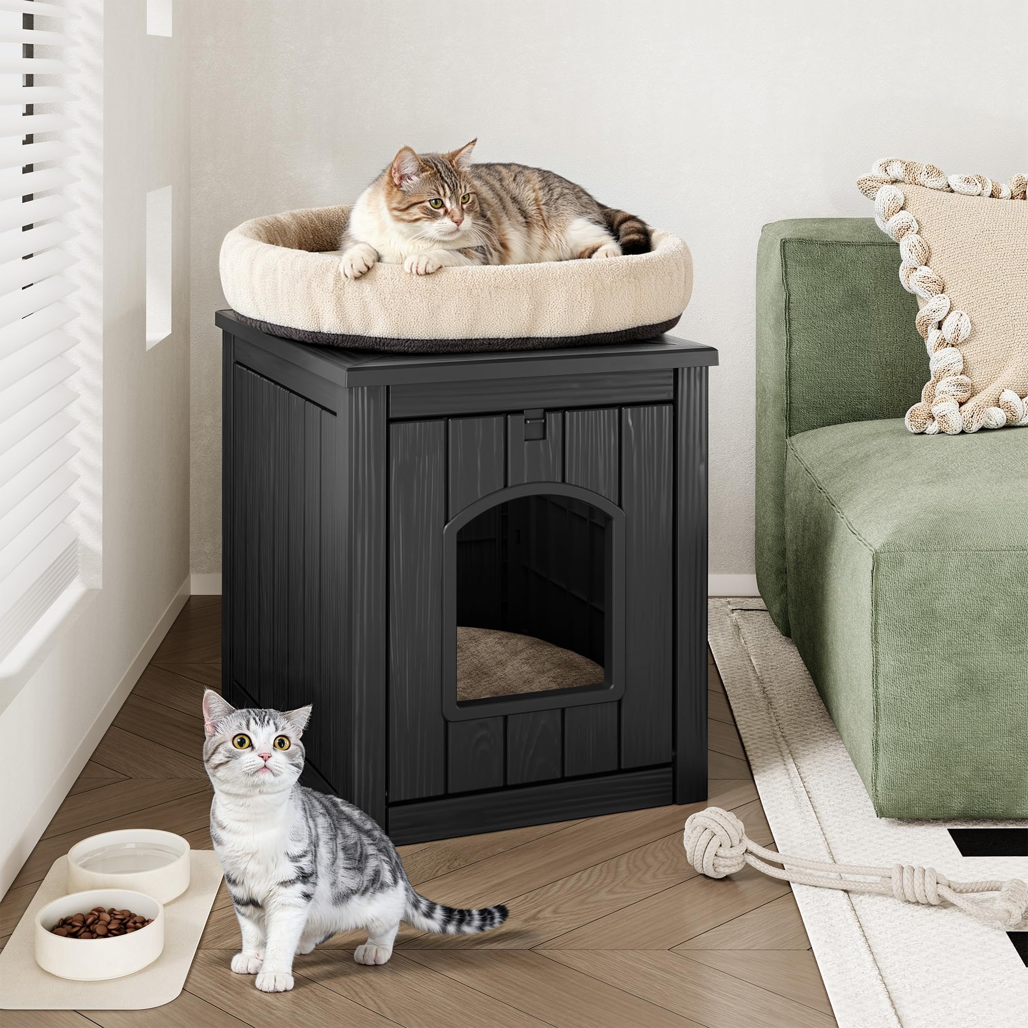 Cat Litter Box Enclosure, Plastic Hidden Litter Box Side Table with Openable Front Door, Waterproof & Weatherproof Cat Box Enclosure Cabinet for Indoor & Outdoor Use (Black) - image 4