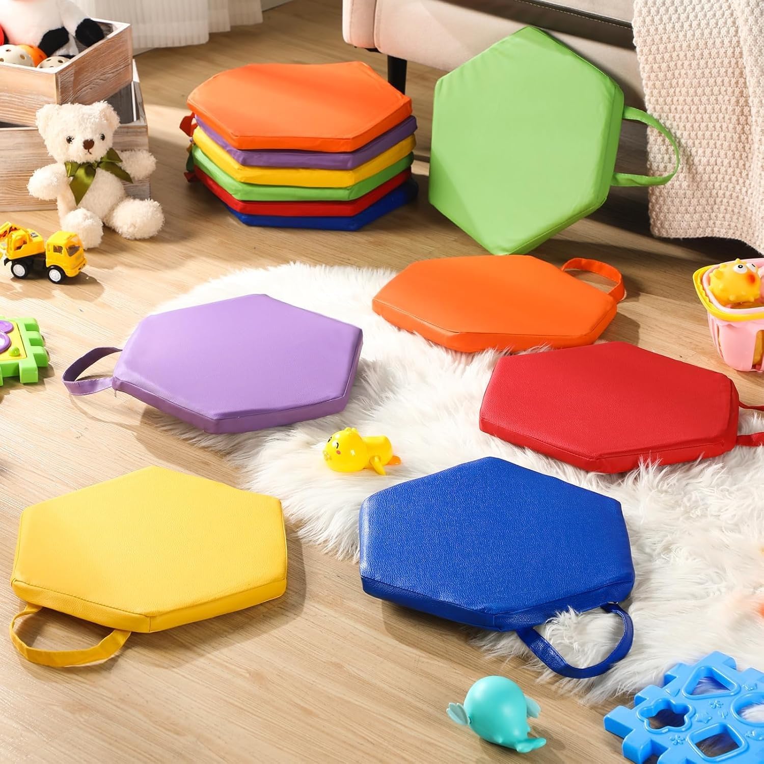 Set da 12 cuscini da pavimento da 30 cm per aule scolastiche: sedute flessibili con manici; cuscini esagonali da pavimento per bambini, neonati, asili nido e scuole materne