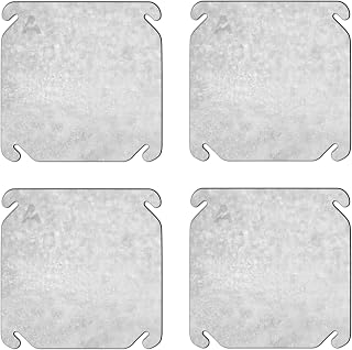 (Pack of 4) Metal Electrical Box Cover, 4x4'' Square, Flat Blank Cover for Electrical Box, Made from Galvanized Steel, with Angled Mounting Slots, for Junction Box Plate