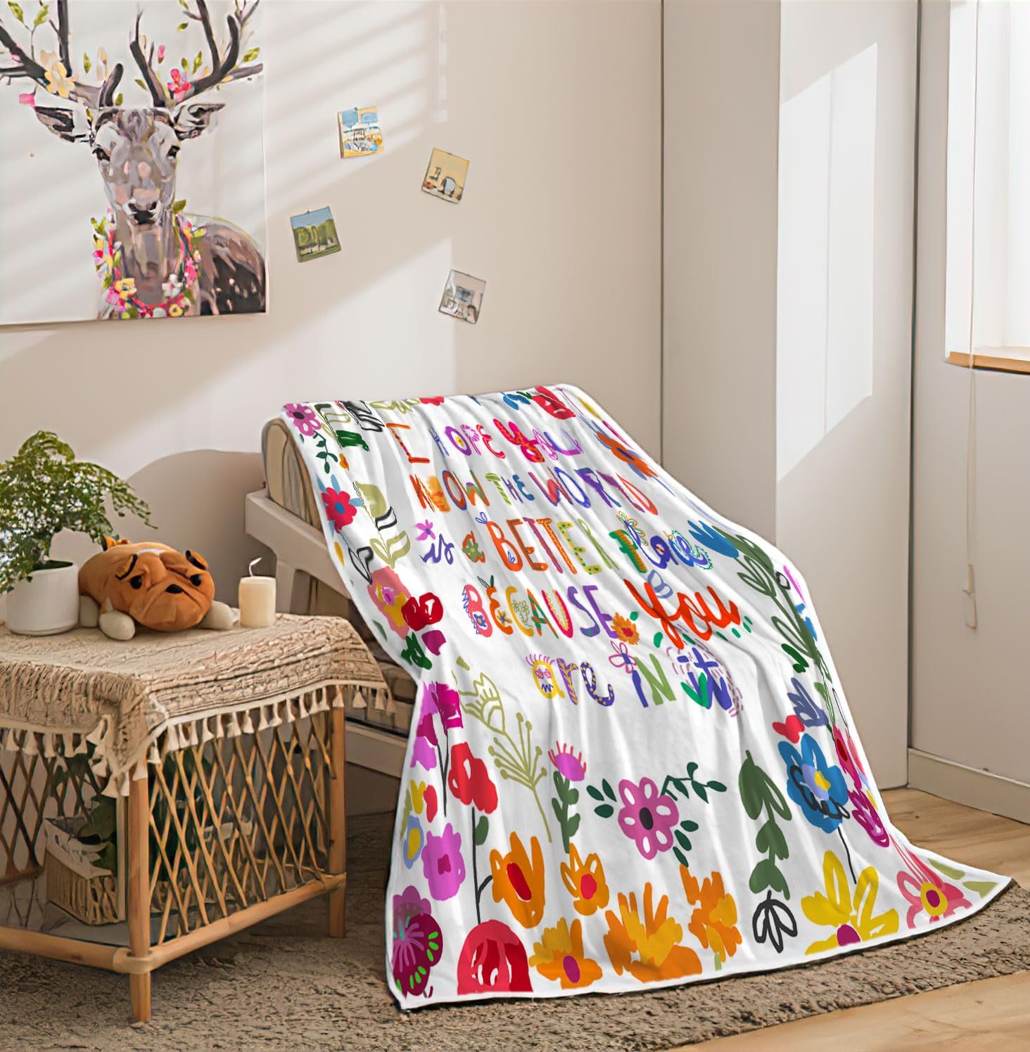 JAWO Colorful Floral Throw Blankets, Vibrant Boho Garden Flower Inspirational Motivation Letter Warm Cozy Bed Couch Blanket, Soft Comfy Fleece Flannel Throws Blankets Livingroom Bedroom Decor