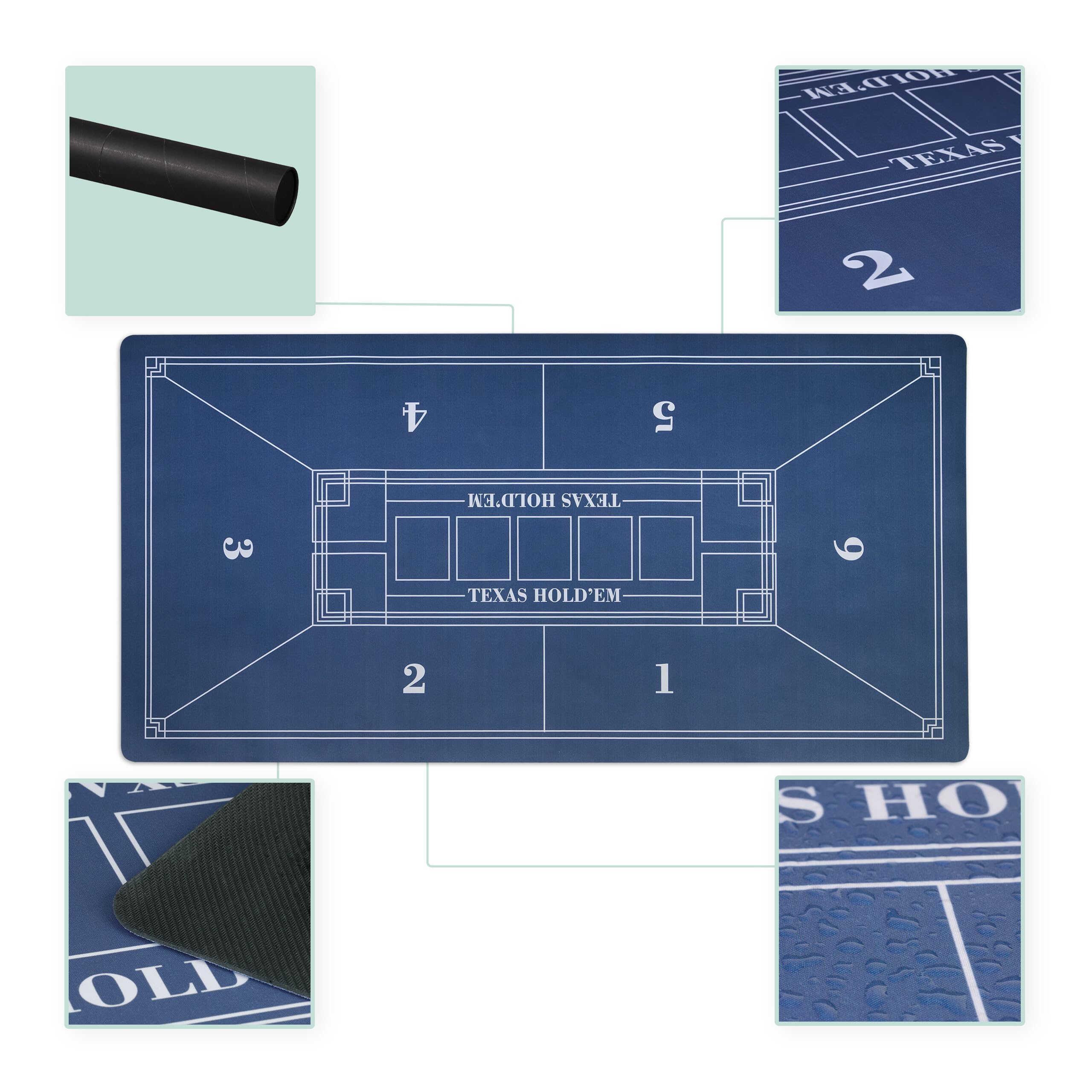 Relaxdays Tapete Póquer, 120 x 60 cm, Mantel Poker Texas Hold'em, Alfombrilla Antideslizante, Bolsa, 6 Jugadores, Azul