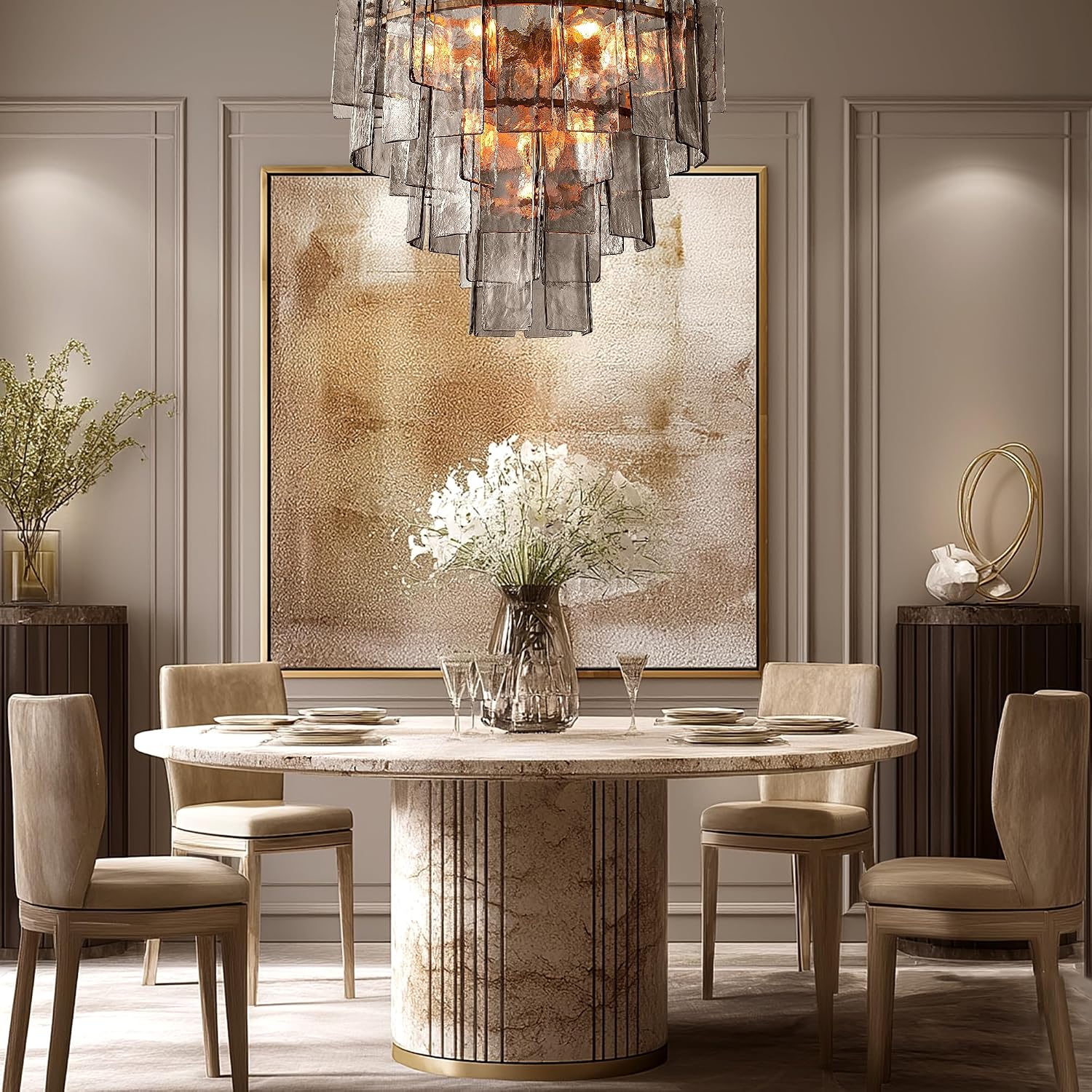36" Extra Large Tiered Smoked Clear Textured Glass Chandelier, 10-Light Modern Pendant Lighting with E26 Sockets, 56" Adjustable Rods, Ceiling Fixture for Dining Room, Living Room, Foyer (Gold)