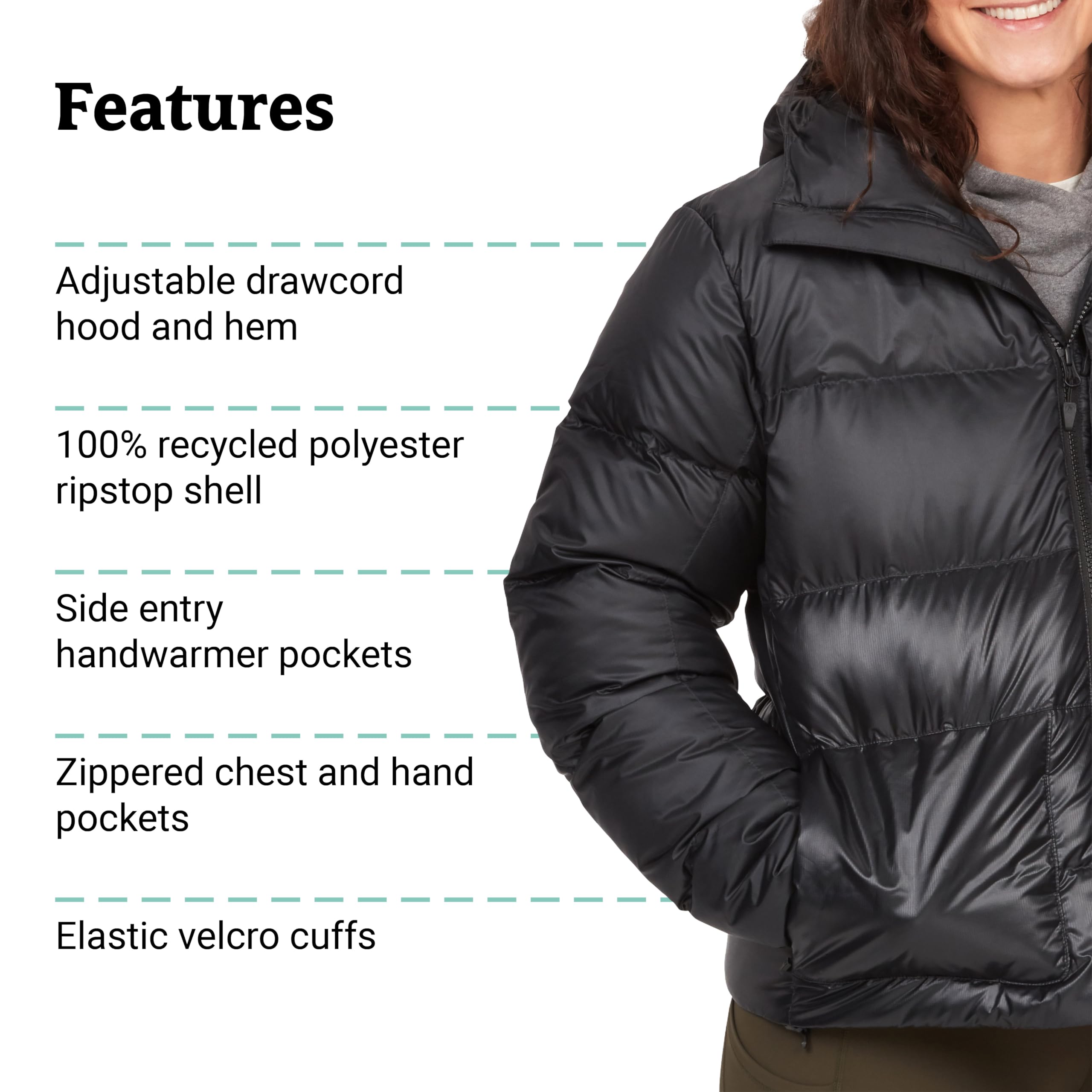 Marmot Mujer Wm's Guides Down Hoody, Cálida chaqueta ligera de plumón para invierno, acolchada repelente al agua, funcional con cortaviento, pequeña plegable con capucha, Black, L