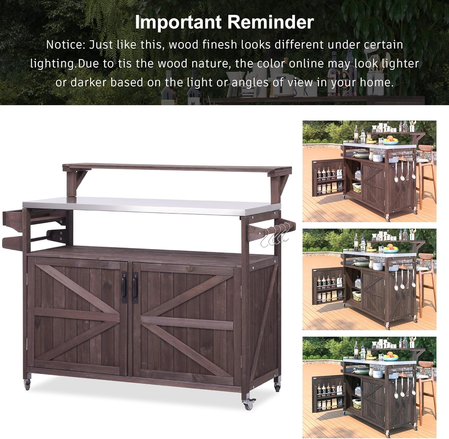 Amposei Outdoor Grill Table Cart 53.3-Inch Solid Wood Garden Patio Rolling Bar Storage Cabinet Kitchen Island with Stainless Steel Top & Lockable Wheels for Food Prep and BBQ, Brown