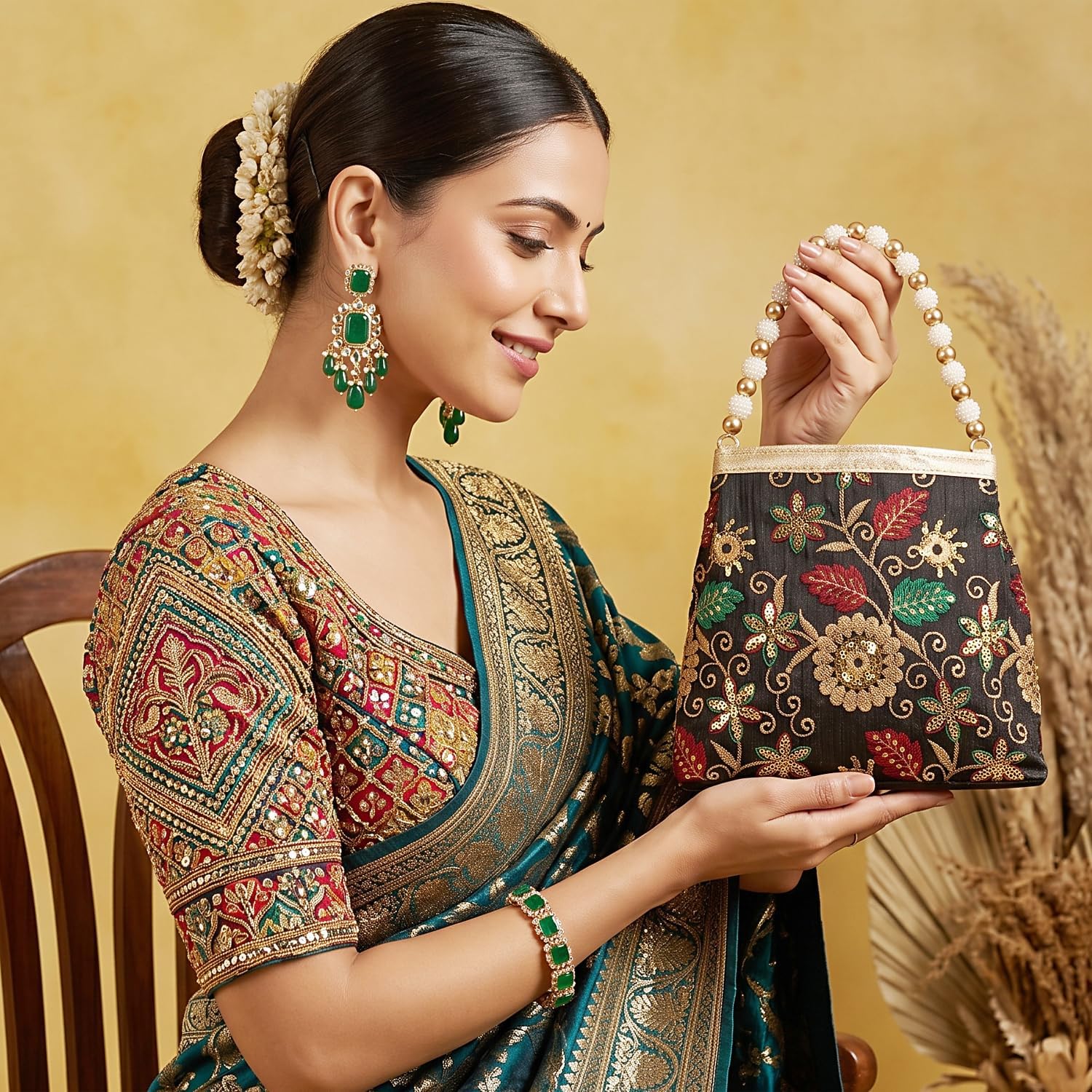 LONGING TO BUY Indian Ethnic Designer Embroidered Silk Potli Bag Batwa Pearls Handle Purse