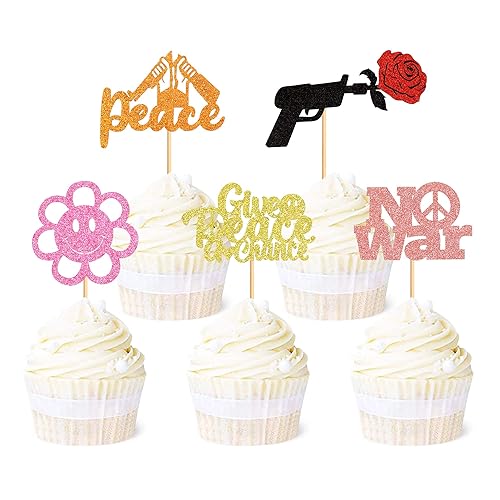 Ercadio Paquete de 24 adornos para cupcakes de mano con diseño de símbolo de la paz con purpurina dorada para cupcakes de 2 cumpleaños para 2 fiesta