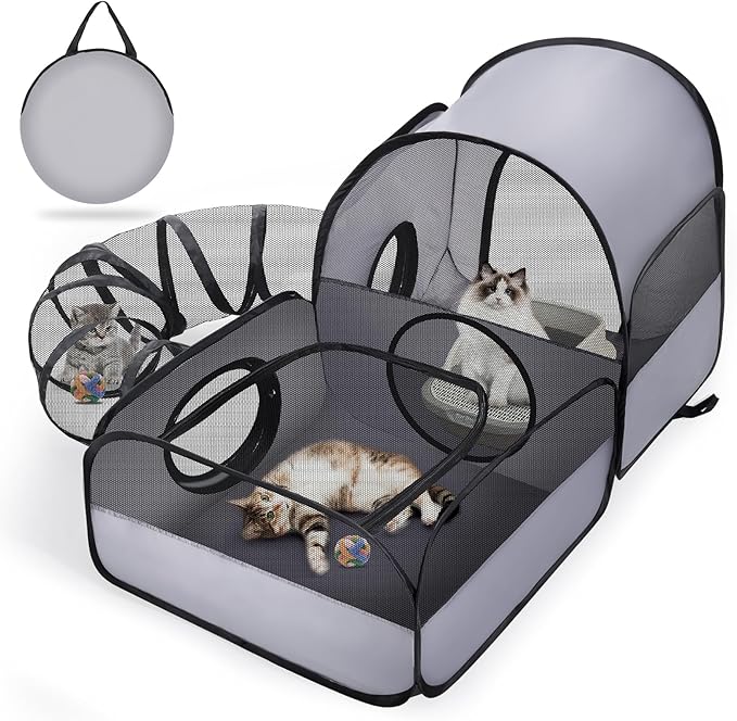 Portable Cat Playpen with Surround Tunnel, 2-Linked-Enclosed Areas, Ideal Cat Tent Outdoor or Cat Playpen for Indoor Cats Enclosed.Breathable Mesh Design for Indoor & Outdoor Use(Grey)