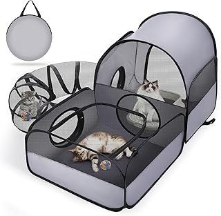 Portable Cat Playpen with Surround Tunnel, 2-Linked-Enclosed Areas, Ideal Cat Tent Outdoor or Cat Playpen for Indoor Cats Enclosed.Breathable Mesh Design for Indoor & Outdoor Use