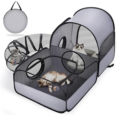 Portable Cat Playpen with Surround Tunnel, 2-Linked-Enclosed Areas, Ideal Cat Tent Outdoor or Cat Playpen for Indoor Cats Enclosed.Breathable Mesh Design for Indoor & Outdoor Use(Grey)