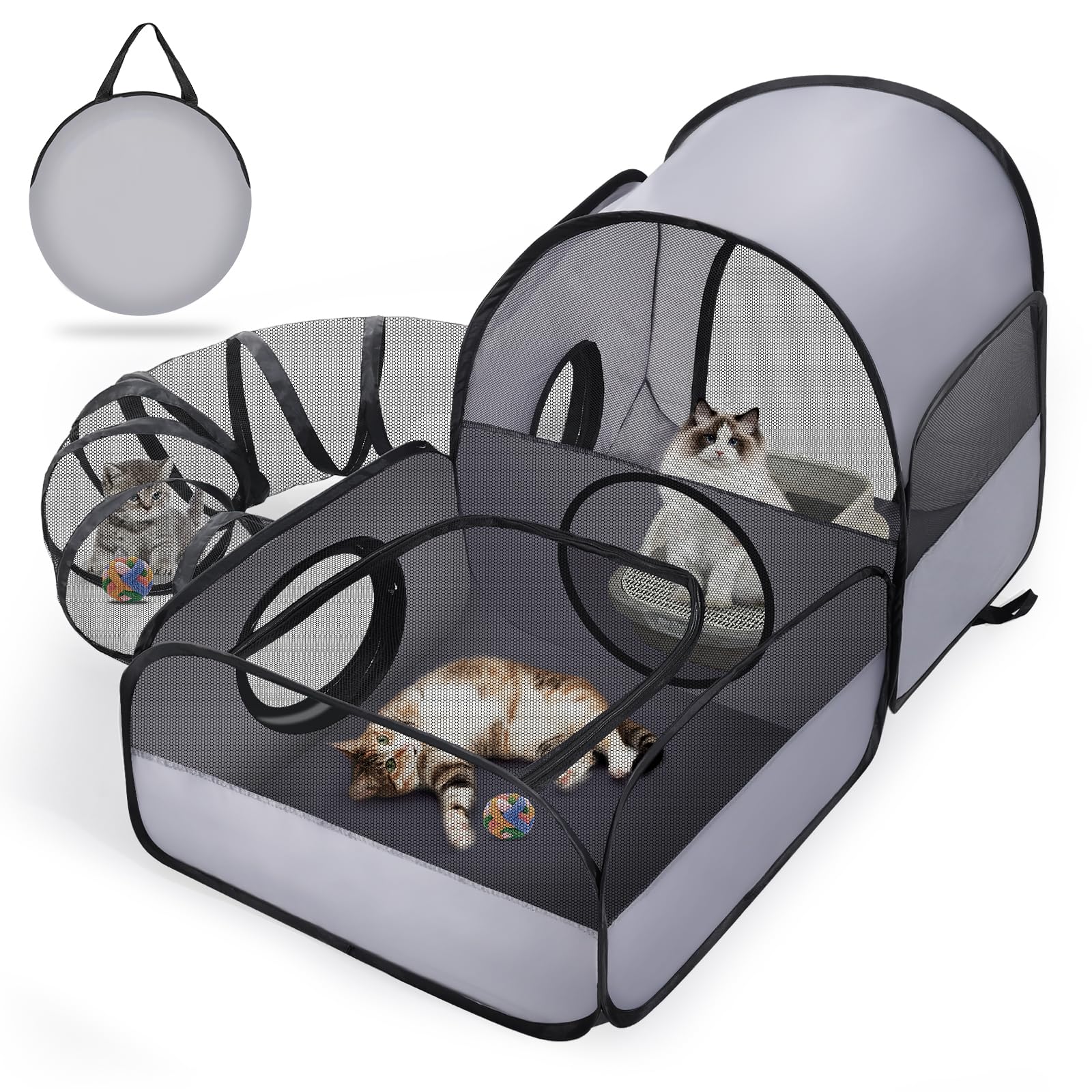 Portable Cat Playpen with Surround Tunnel, 2-Linked-Enclosed Areas, Ideal Cat Tent Outdoor or Cat Playpen for Indoor Cats Enclosed.Breathable Mesh