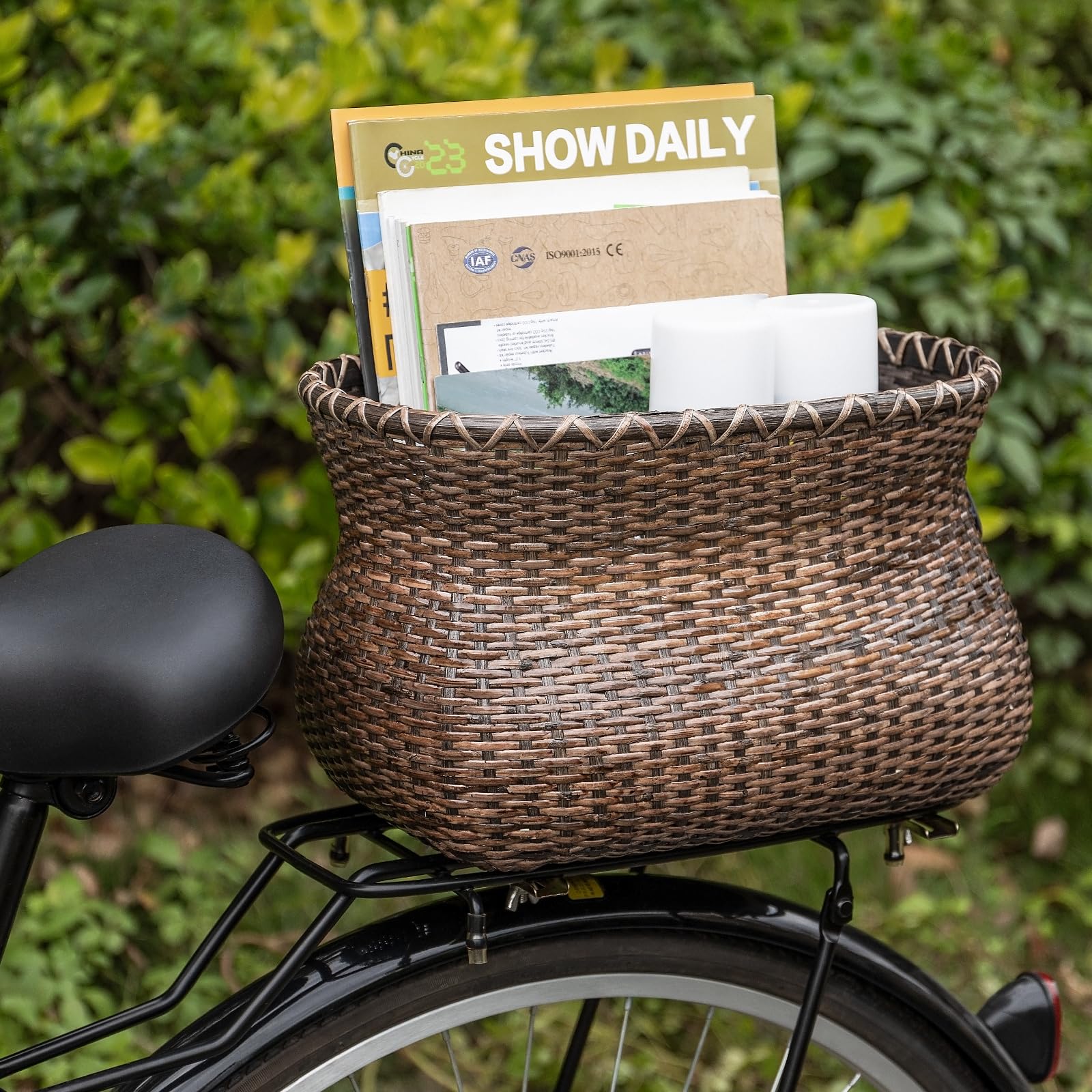CXWXC Hinterradkorb - Handgefertigter Rattan-Fahrradkorb mit wasserdichter Abdeckung - Große Kapazität Fahrradkorb für Beach Cruiser