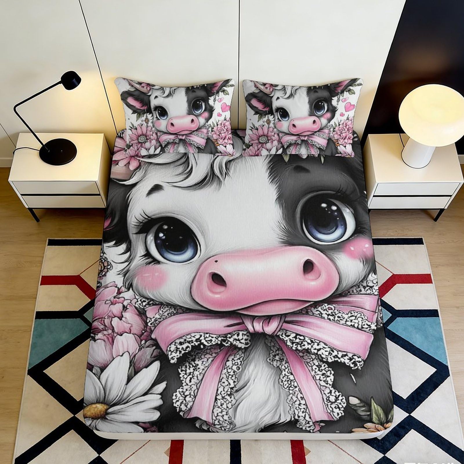 3D Printed cute cow Fitted Sheet, Microfiber soft touch, wrinkle resistant, home decor piece, Bed Sheet for bedroom, guest room, apartment bedding, easy care, dustproof, 112 90x200x25cm