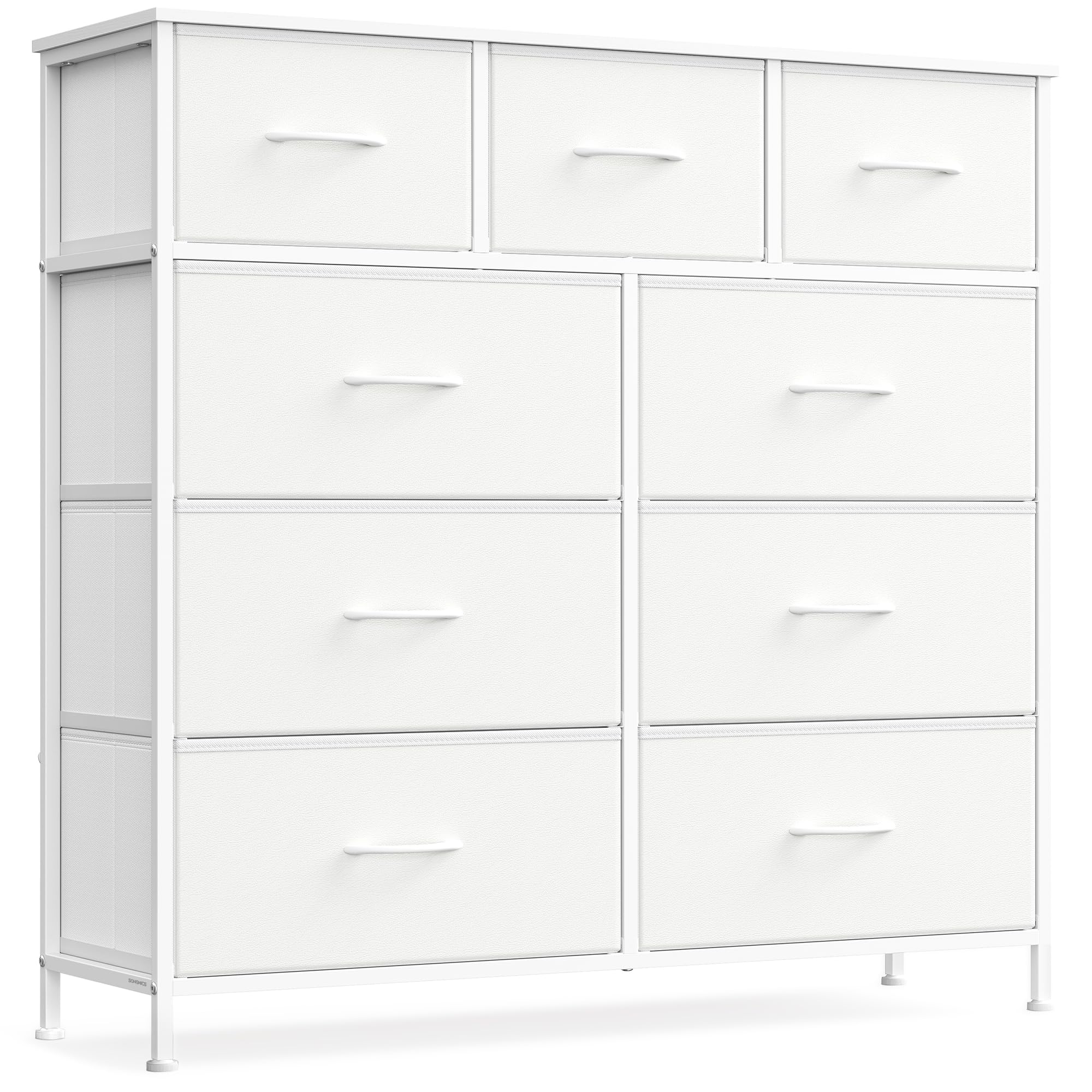 SONGMICS Dresser for Bedroom, Chest of Drawers, Steel, MDF, 9 Non-Woven Fabric Drawers, Storage Organizer Unit, Closet, Entryway, Cloud White and Snow