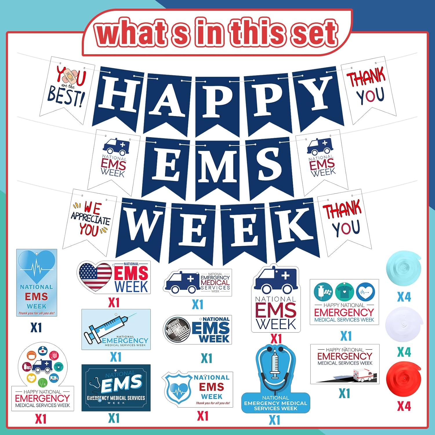 Breling 42 Pcs Emergency Medical Services Week Including Banner Hanging Swirls Wall Decor Holiday Celebrating Events for Emergency Medical Services Festival Supplies