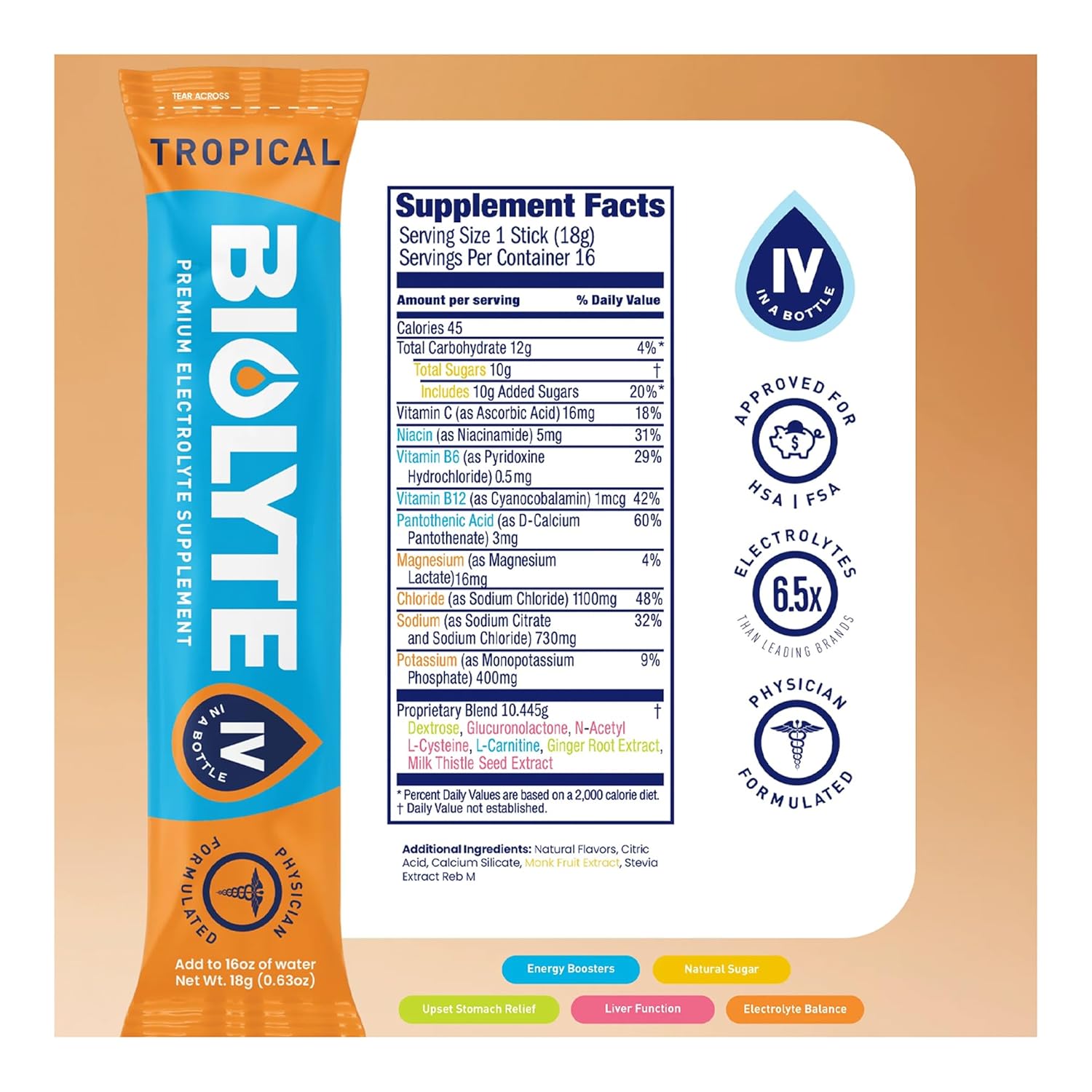 BIOLYTE IV Electrolyte Powder Packets, IV Liquid Drink Mix for Water, Doctor-Developed Hydration, Approved Dehydration Relief, Chemotherapy Must Haves for Women & Men - Tropical (16 Sticks)