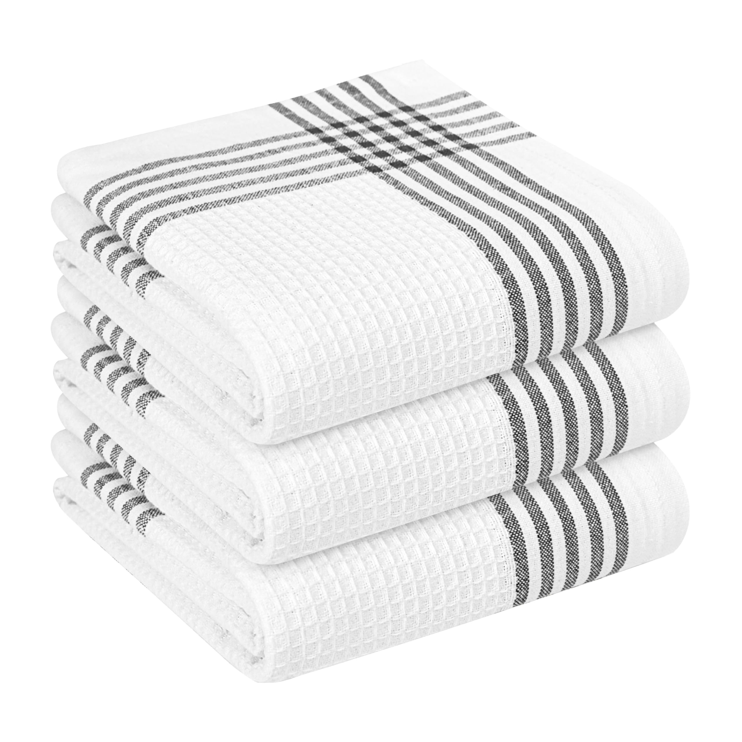 HEIRLOOM COMFORT Black and White Kitchen Towels 3 Pack, 40x66 cm, 100% Cotton Waffle Weave, Super Absorbent, Quick Dry, Reusable Dish Towels for Cleaning, Drying, Cooking, Washing