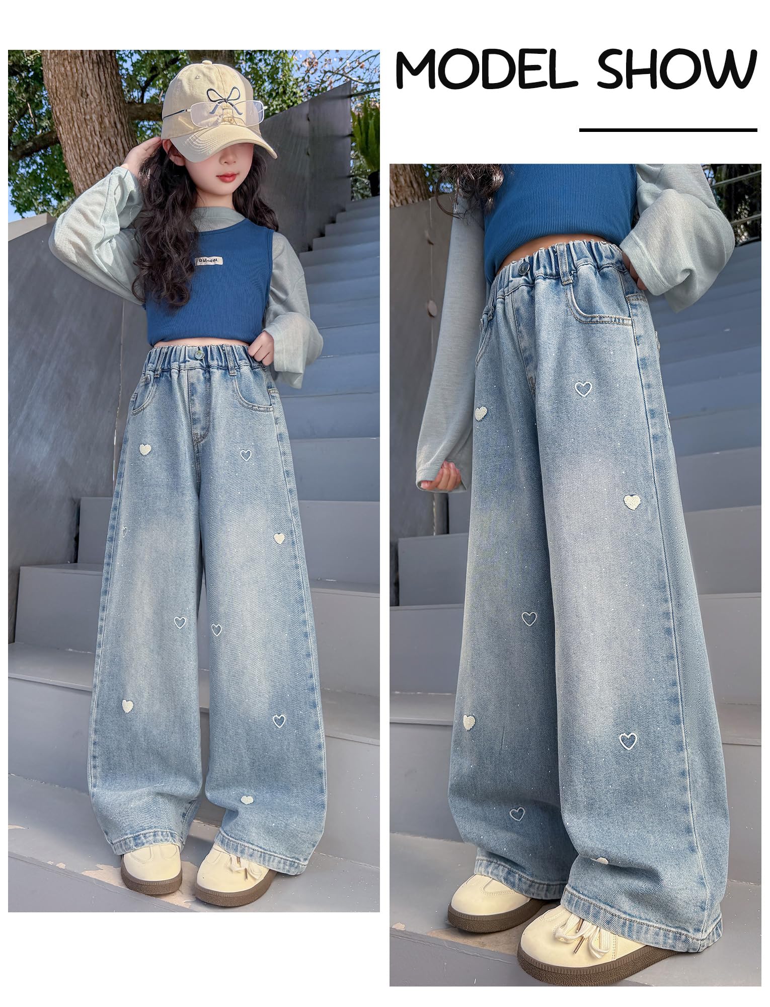 Happy Cherry Mädchen Jean Hosen Baggy Blau Denim Hose Kinder Hoher Elastischer Bund Jeans Weites Bein Casual Loose Straight Jeanshosen 120-170