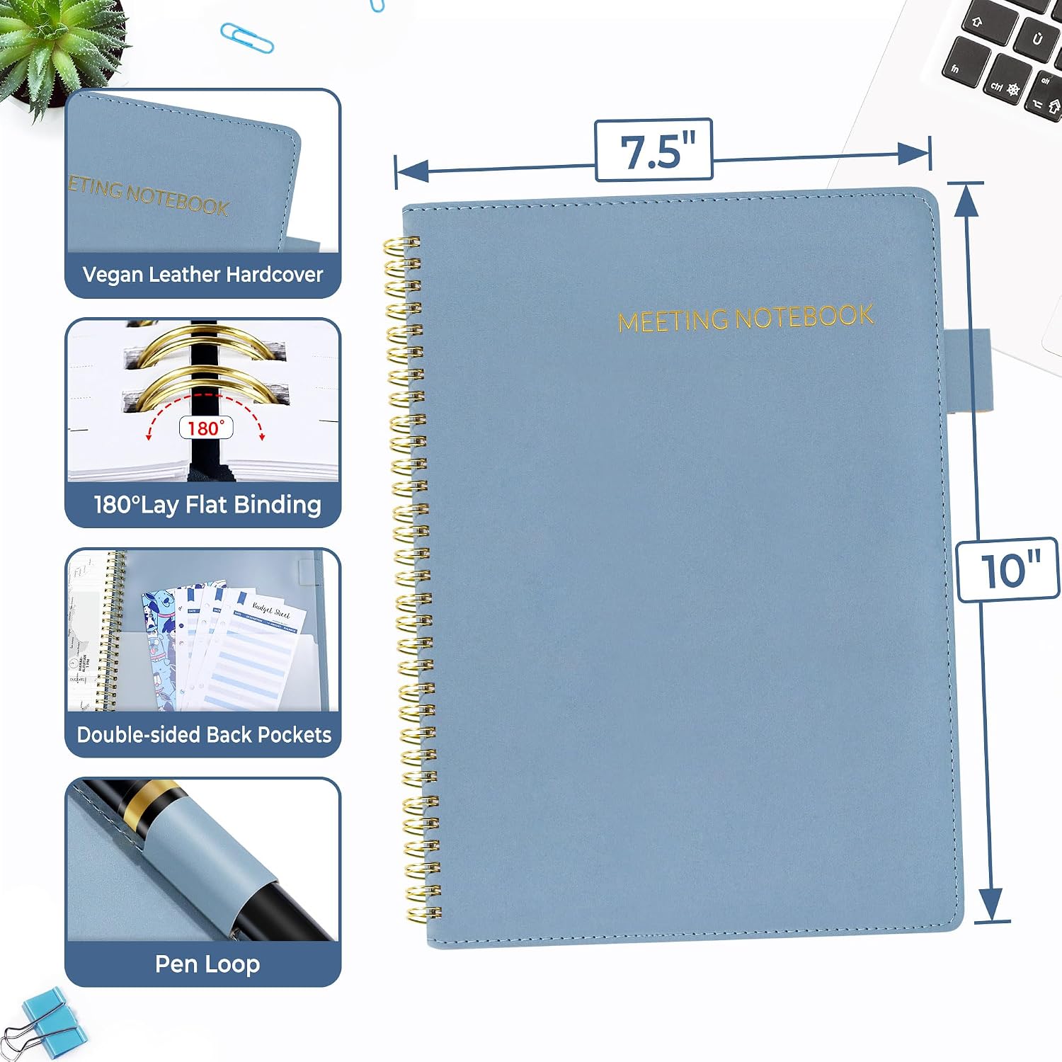 SUNEE Half Meeting Half Note - 7.5"x10" Professional Notebooks for Work - 160 Pages, B5 Size Project Planner, Spiral Meeting Agenda Organizer for Women Men, Note Taking,Office with Vegan Leather Cover image 3
