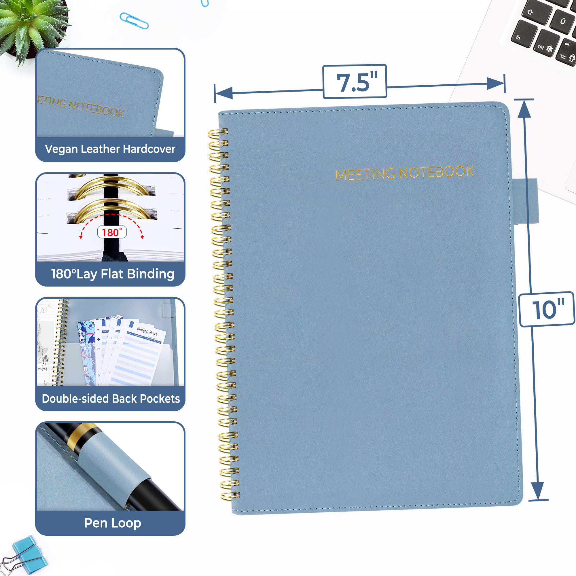 SUNEE Half Meeting Half Note - Taccuino professionale per lavoro, 19 x 25 cm, 160 pagine, formato B5, agenda a spirale, per donne e uomini, per prendere appunti, ufficio, con copertina in pelle vegana