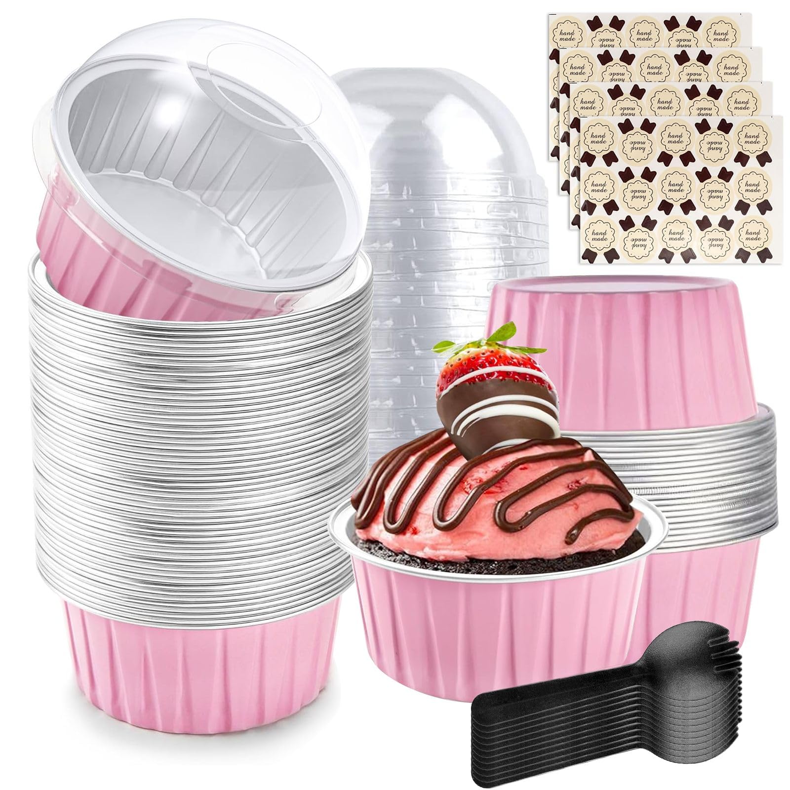 50Pcs Aluminum Foil Baking Cups with Lids and Spoons, 150ml Mini Cake Tins Containers Cupcake Cases Small Baking Pans Loaf Cups with 50pcs Stickers for Home Baking (Pink Silver)