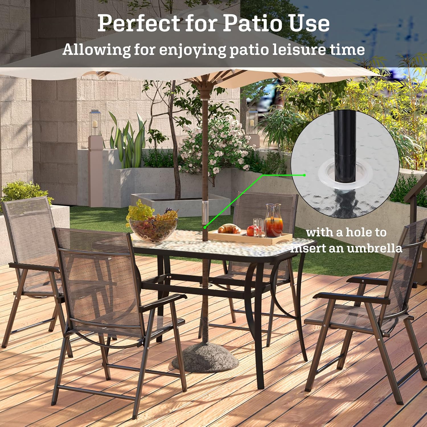 soges 47in Outdoor Patio Bistro Coffee Tea Table, Rectangular Tempered Glass Steel Frame Dining Table with Umbrella Hole, All Weather Outside Desk for Garden Balcony Backyard, Black 30LHYW-OT01BK120