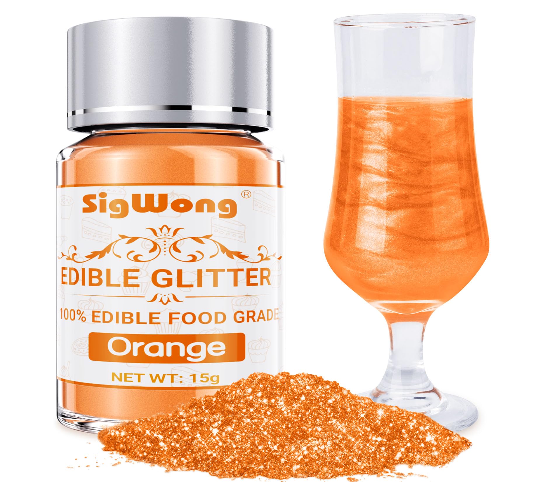 Orange Edible Glitter - 15g Food Grade Luster Dust Powder, Cake Decorating Sprinkle Glimmery Dust for Drinks, Wine, Fondant, Chocolate, Candy, Cookie, Vegan