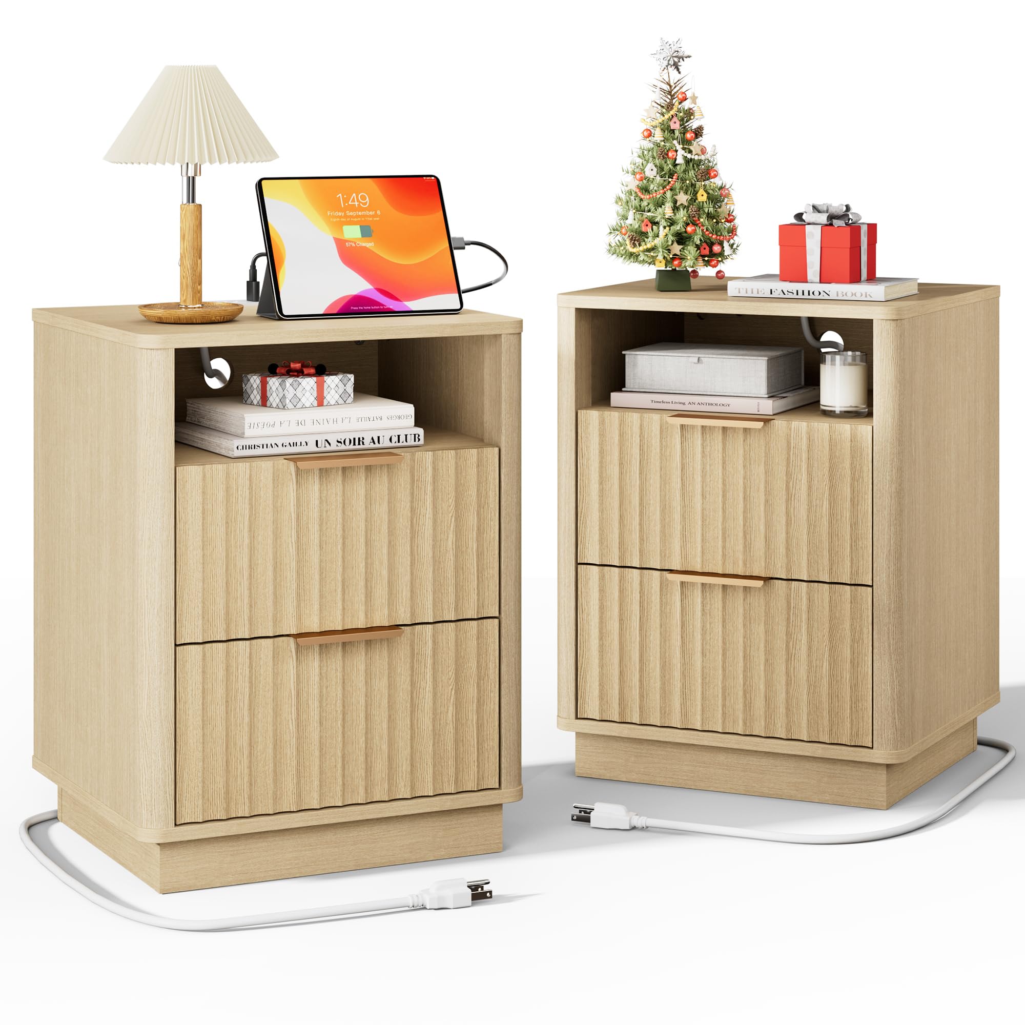 FavourLife Fluted Nightstand, Night Stand Set 2, Modern Nightstands Set of 2 with Charging Station, 2 Drawer End Table w/Storage, Bedside Table for