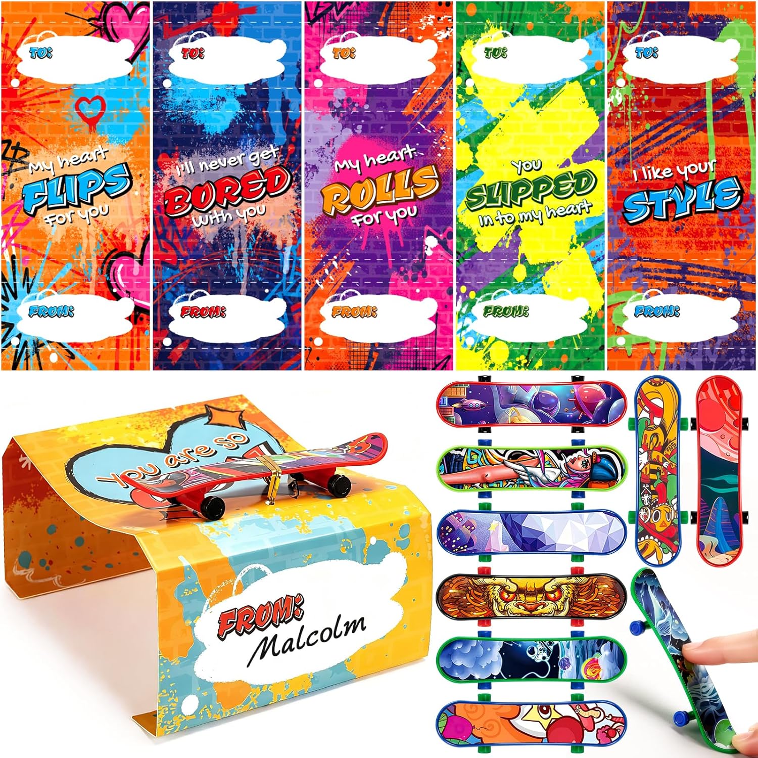 BainGesk Valentines Day Cards for Kids School, 30 Pack Finger Skateboards for Valentine Party Favors, Valentines Cards for Kids Classroom Exchange