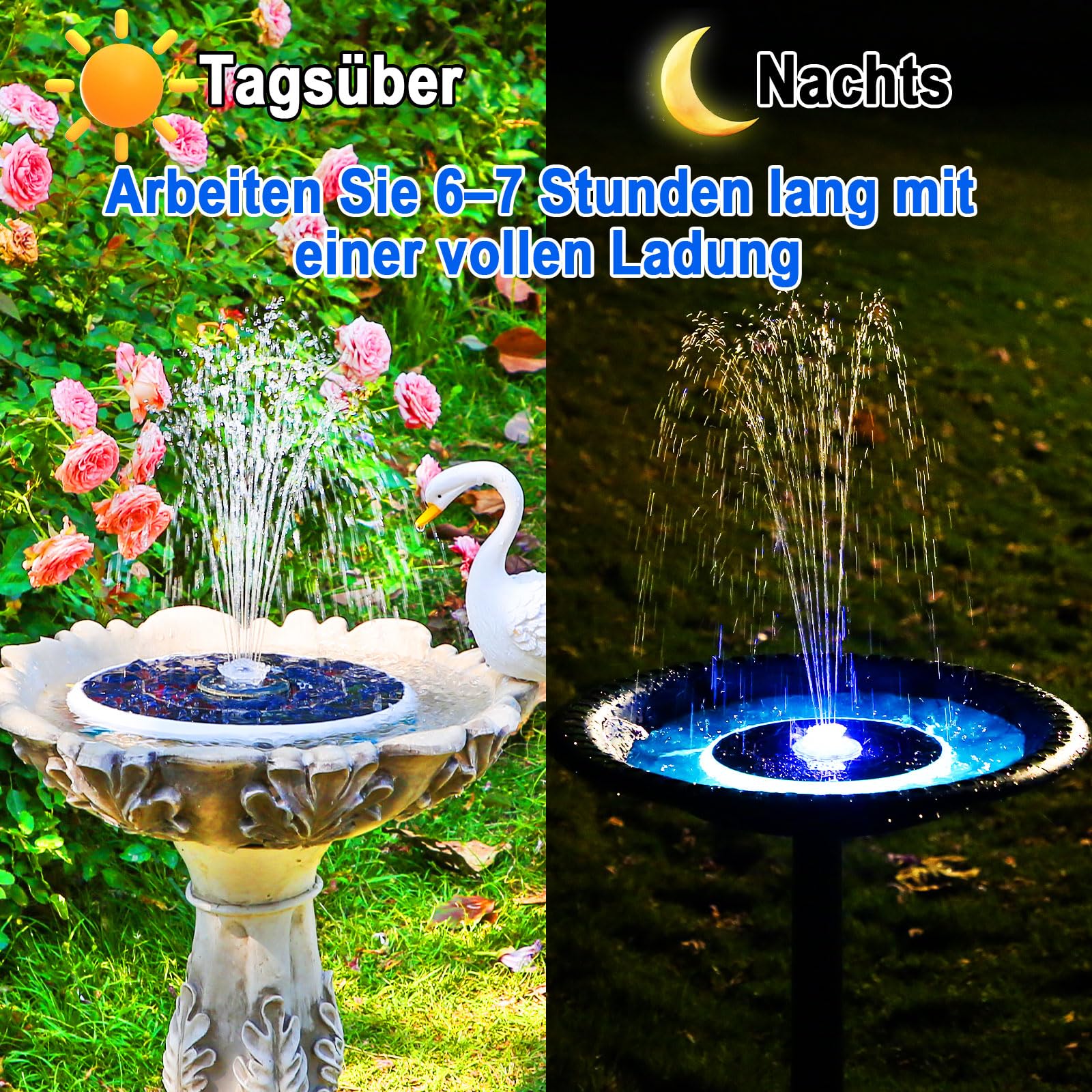 AISITIN 6,5W LED Solarbrunnen für Draussen Verbessert mit 3300mAh Akku, Solar Schwimmender Fontäne Pumpe mit Verschiedene Sprüh Effekten,mit Lichtleiste, Solar Springbrunnen für Außen für Garten,Teich