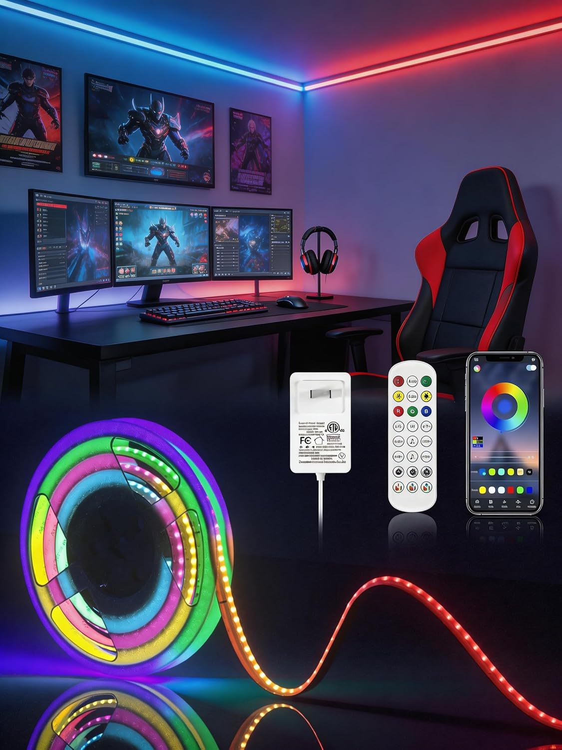 RGB COB LED Strip Light, 16.4ft Led COB Light Strip with Remote, Dimmable Smart App, Color Changing Music Sync, Smart Indoor RGB Led Lights for Bedroom, Home Decor, Party