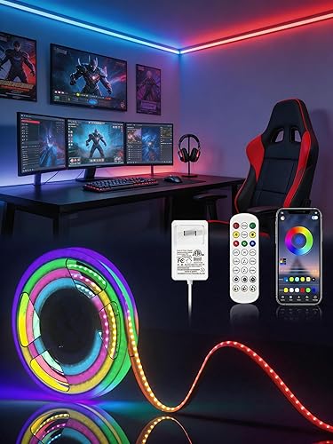 Tira de luz LED COB RGB, tira de luz LED COB de 16.4 pies con control remoto, aplicación inteligente regulable, sincronización de música que cambia