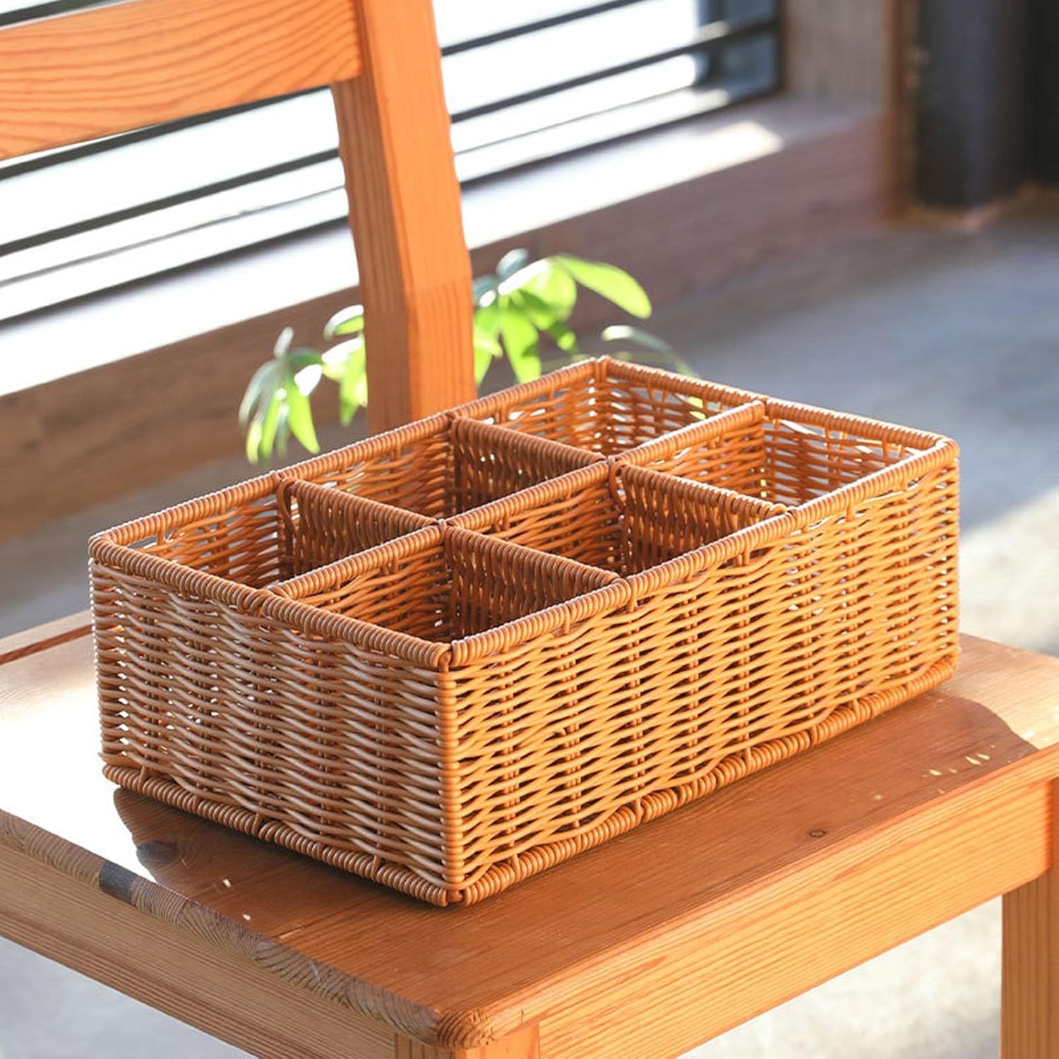 Hand Woven Compartment Basket, Simulation Rattan Container Box, Makeup, Toilet Organization with 6 Grid for Countertop Storage and Home Decor