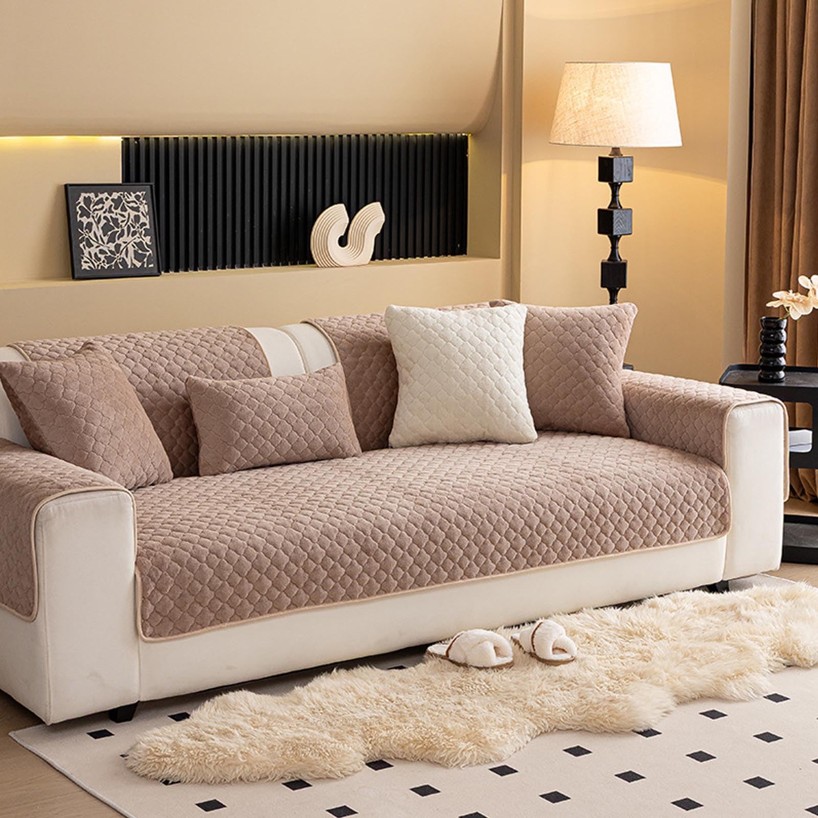 Housse de canapé polaire camel 1 à 4 places lavable et modulable