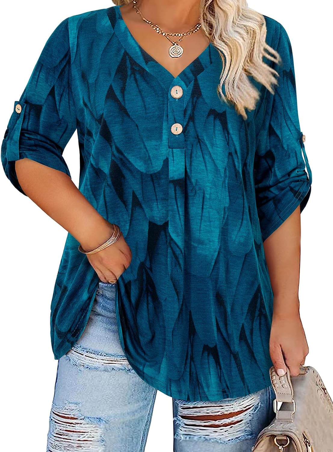 Siddhe Plus Size Blouses for Women, Plus Size Womens Shirts Dressy Casual Ladies Loose Fit Pleated V Neck Summer Tunic Tops Spring 3/4 Sleeve Tops and Blouses Flowy Floral Shirt 2025, Peocock Blue, XL