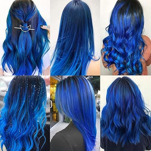Miniatura 6 de Extensiones de cabello sintético de 22 pulgadas, con reflejos coloridos para fiestas, para niñas, mujeres y niños (10 unidades, azul)