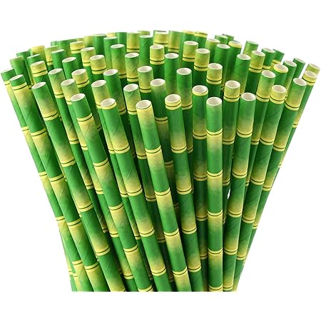 ALINK Bamboo Print Paper Straws, Biodegradable Disposable Party Drinking Straws for Juices, Shakes and Smoothies, Pack of 100