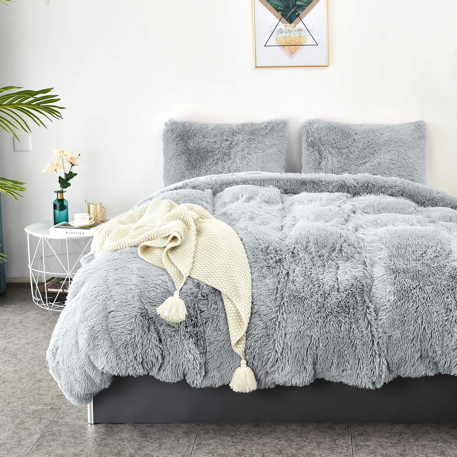 LHKIS Duvet Cover King, Light Grey Velvet Duvet Cover Set,Soft Fluffy Plush Shaggy Comforter Cover Farmhouse Hotel Bedding Duvet Cover 3 Pieces