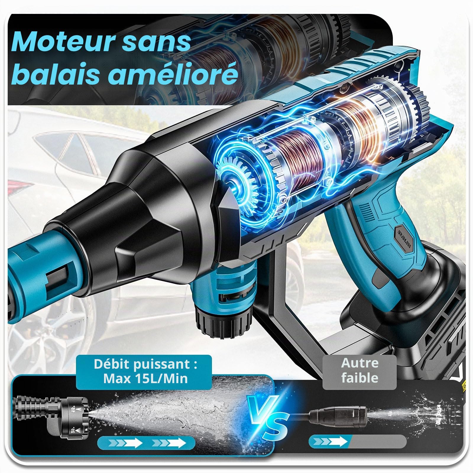 Nettoyeur Haute Pression Sans Fil, Moteur Sans Balais 3000 W,Mode 4 Vitesses,Pression Max 125 Bars, Avec 2 Batteries 4,0 Ah,Buse Pivotante 6 En 1,Brosse De Nettoyage,Tuyau De 5 M,Nettoyage Et Arrosage