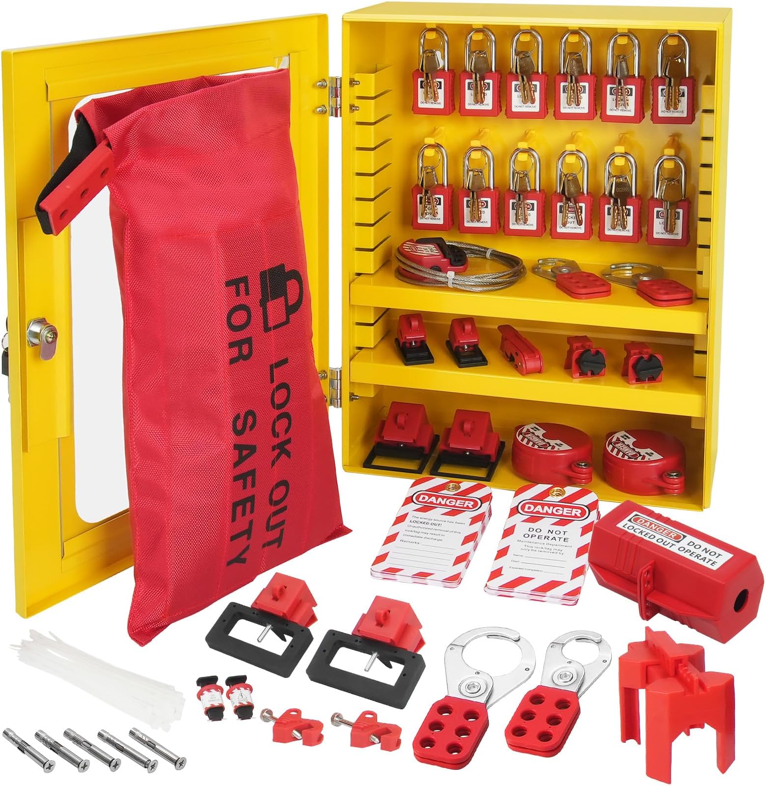 VEVOR BD-X07-D41 Electrical Kit, 59 PCS Safety Tagout Station with Padlocks, Hasps, Tags, Ties, Plug, Circuit Breaker, Valve, Cable, Lockout Bag, Box, RED
