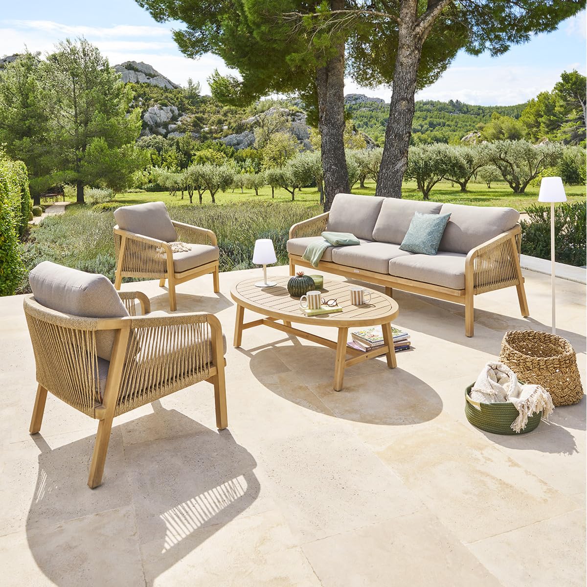 Hespéride - Salon de Jardin Papouasie Acacia - 5 Places - Coussins Déhoussables - Tissu Déperlant - Mobilier Extérieur pour Terrasse Balcon Patio