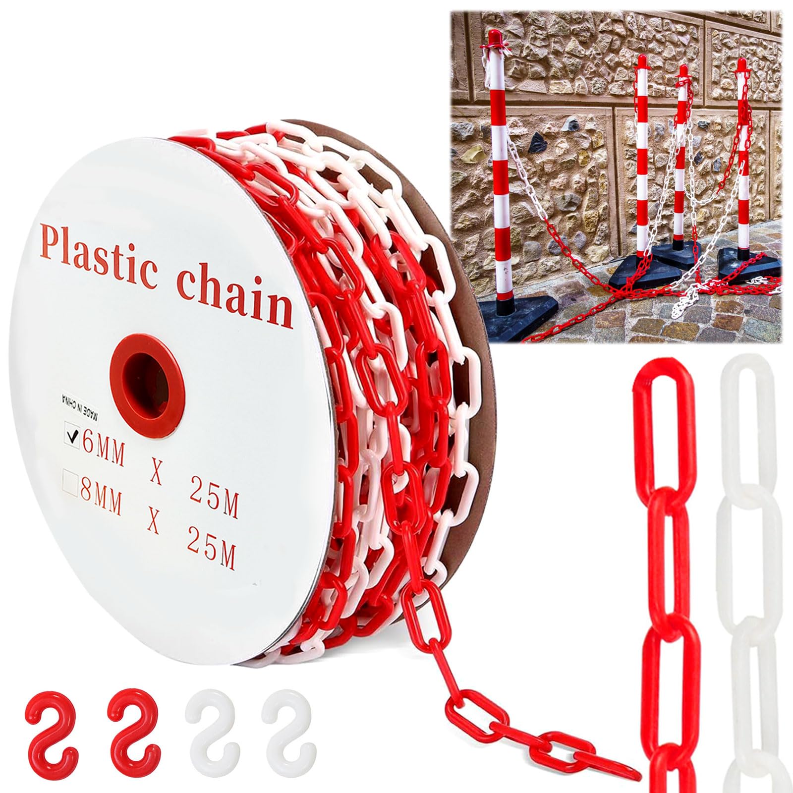 Cadena de seguridad roja y blanca 25 m 6 mm plástico con 4 mosquetones