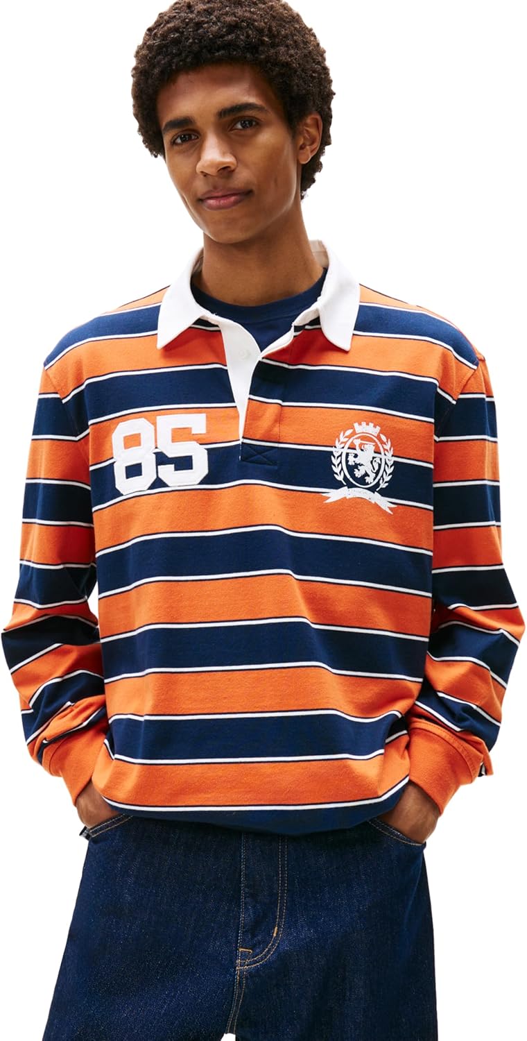 Tommy Jeans Men's Striped Lightweight Rugby Polo Shirt with Crest Logo