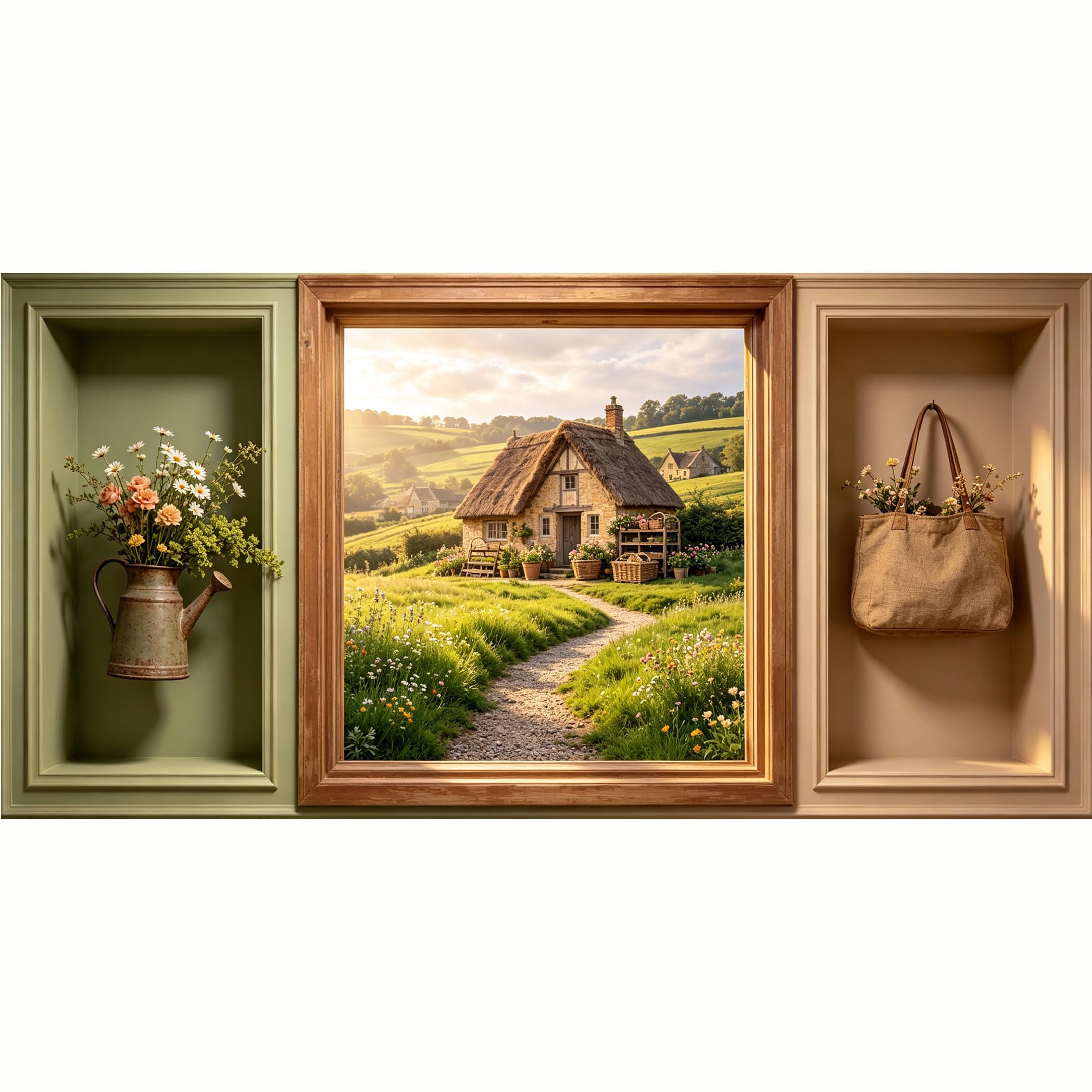 QZLITHOTIC 50x100cm 3D Framed Wall Art， Farmhouse Cottage Landscape Scenic View Self‑Adhesive Mural， Water‑Activated Peel & Stick Fabric Decor Wall Decal for Bedroom Living Room