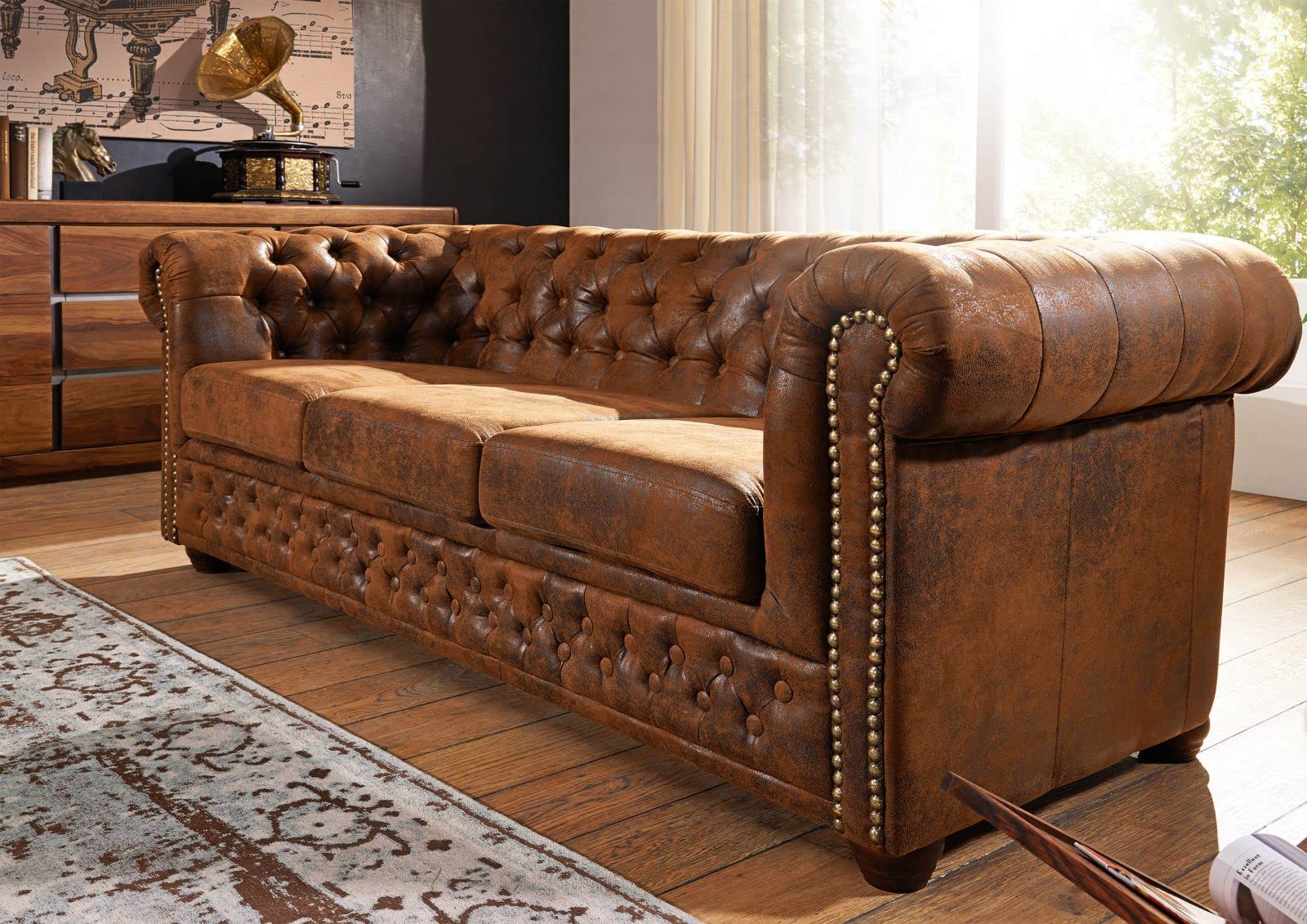 MASSIVMOEBEL24.DE Oxford Divano Chesterfield - Stoffa/Marrone - Stile Coloniale 203x86x72
