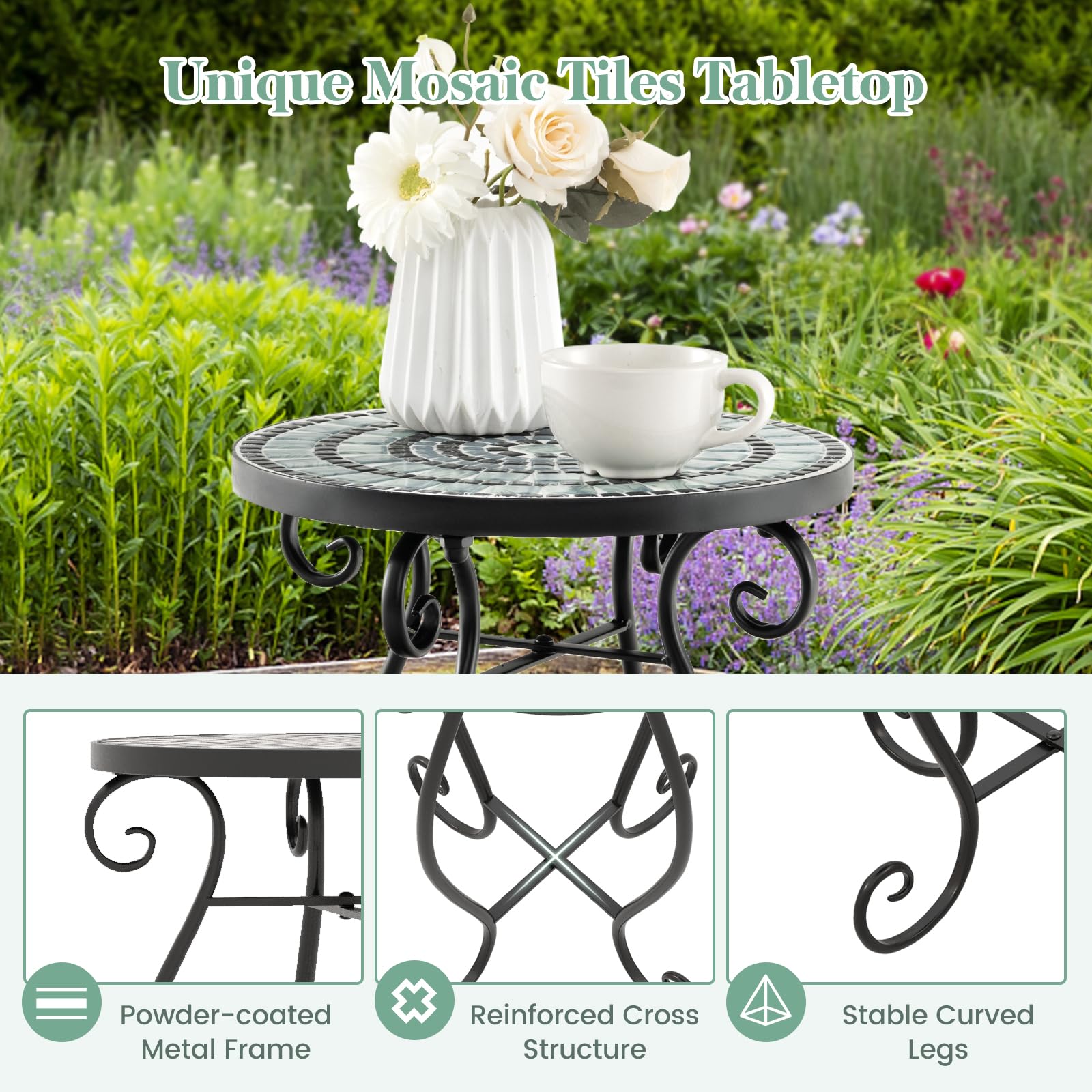 GOPLUS Table d’Appoint en Mosaïque, Table d’Appoint Ronde avec Plateau en Carreaux & Cadre en Métal Robuste, Support pour Plantes, Convient pour Balcon, Terrasse, Jardin, 30X30X50 CM
